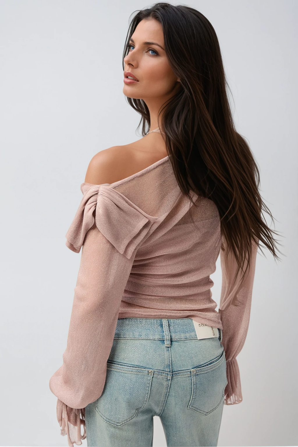 Desideria Cowl Neck Glitter Ruch Top In Pink