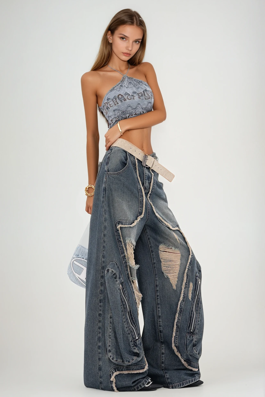 Dessislava Fringe Ripped Wide Leg Jeans