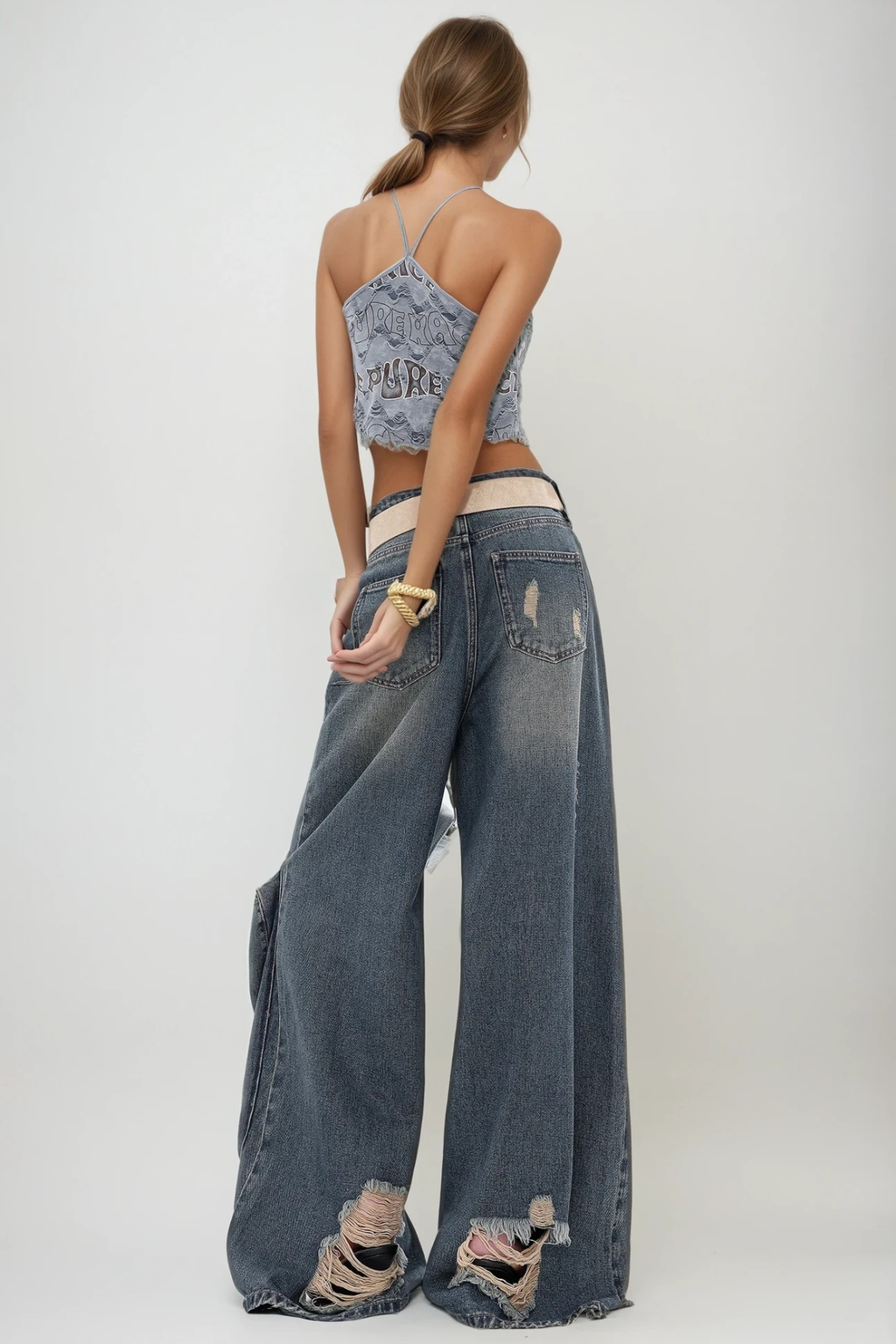 Dessislava Fringe Ripped Wide Leg Jeans