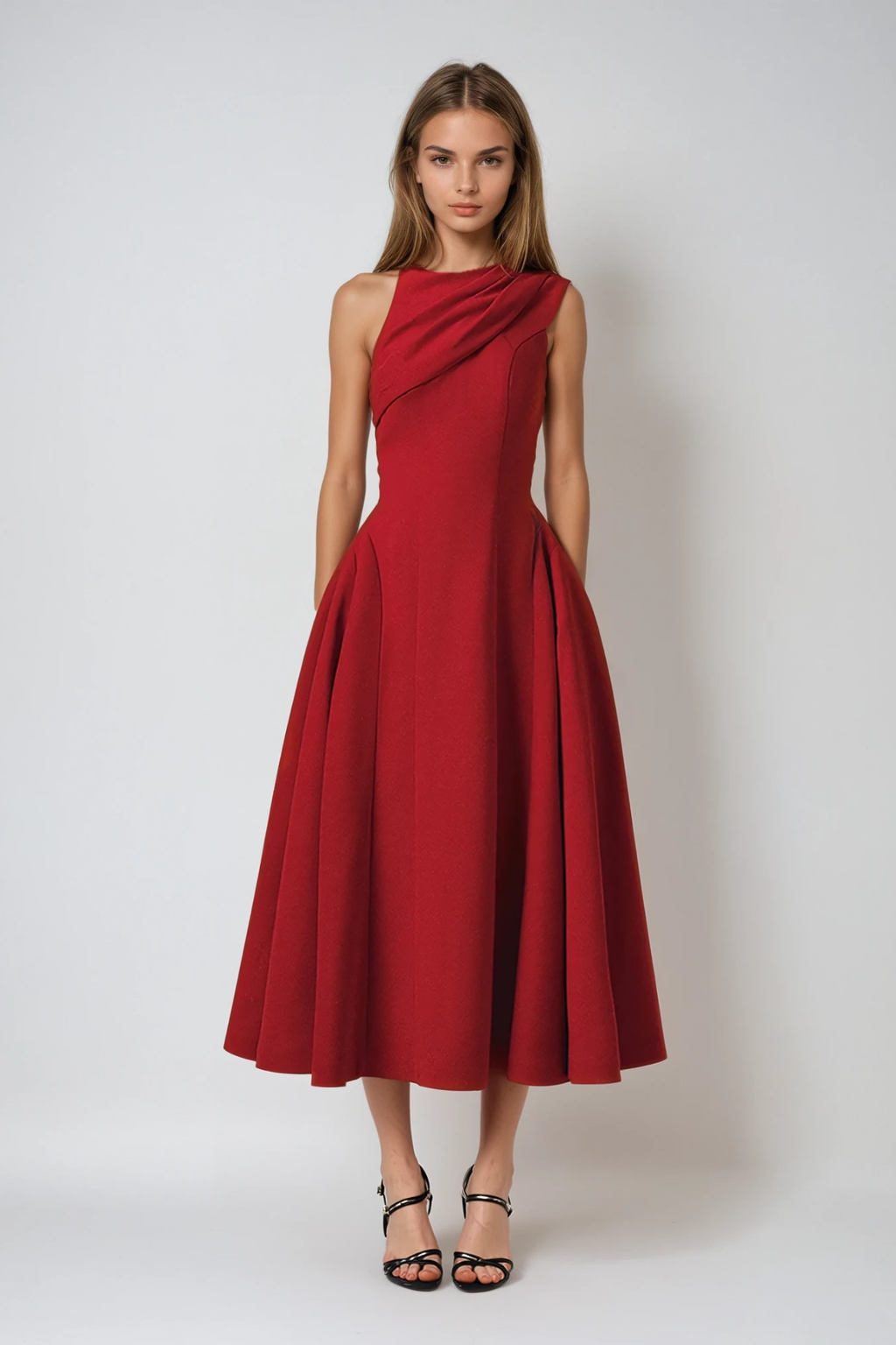 Destini Sleeveless Asymmetric Ruch Midi Dress