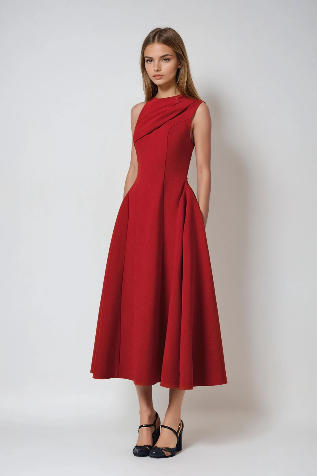 Destini Sleeveless Asymmetric Ruch Midi Dress