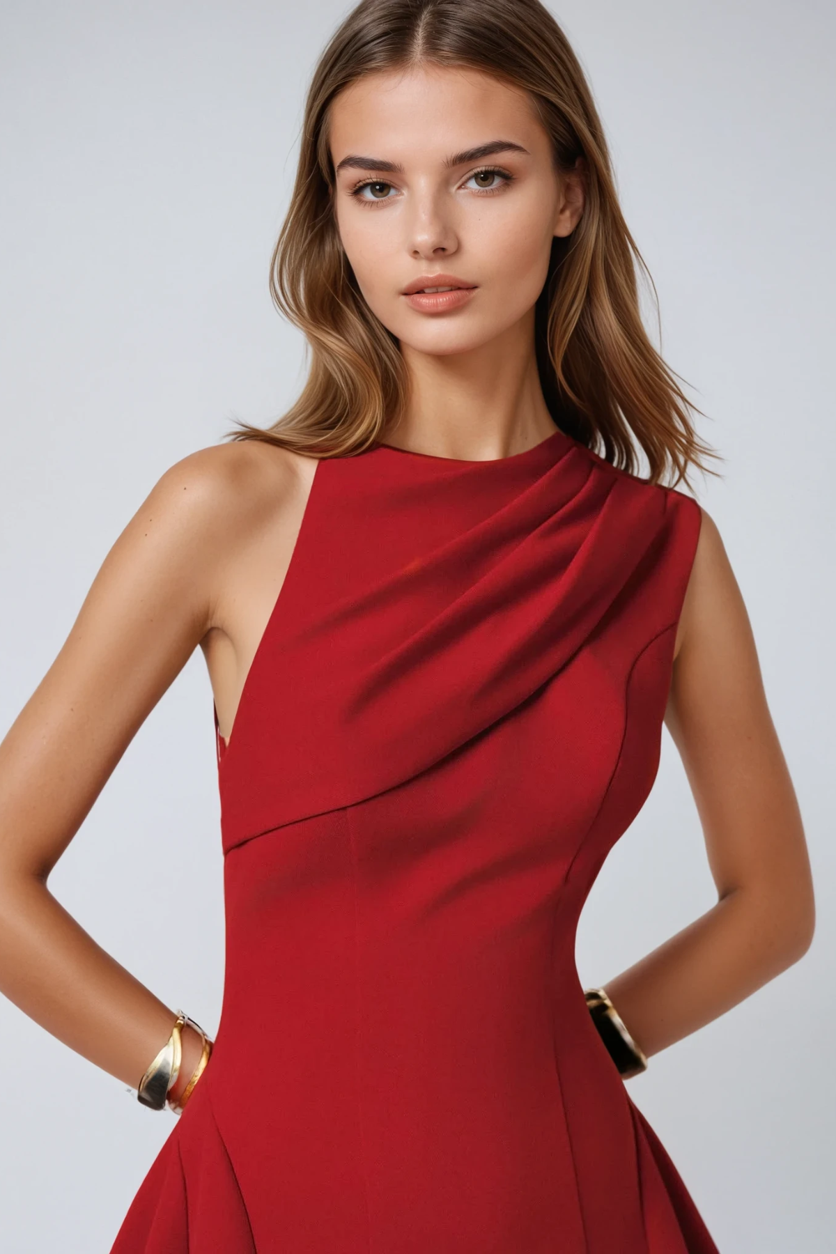 Destini Sleeveless Asymmetric Ruch Midi Dress