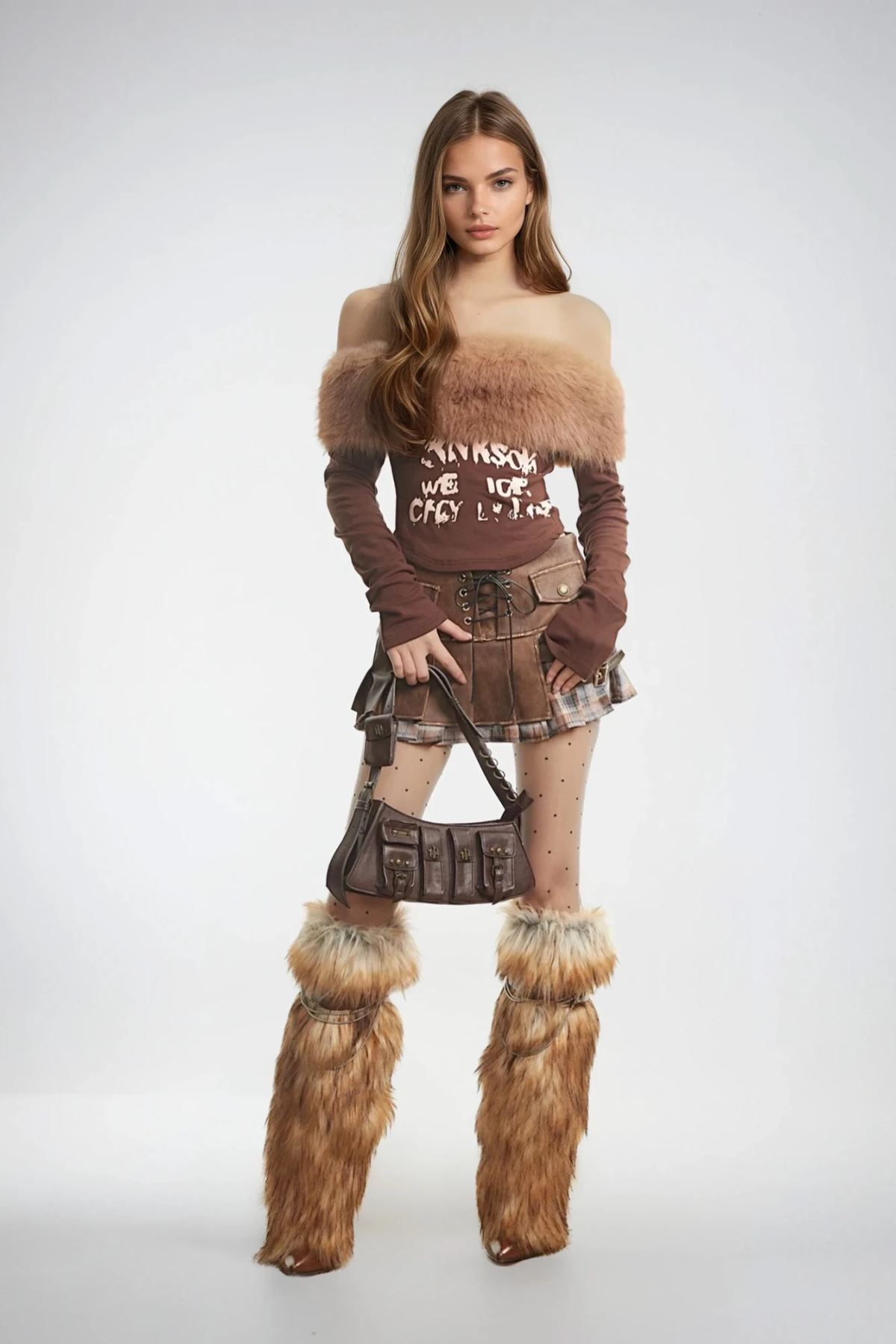 Detlef Faux Fur Off Shoulder Print Top