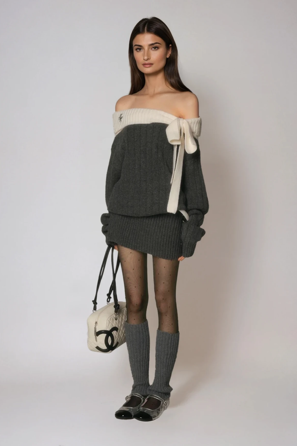 Devi Off Shoulder Bow Knit Mini Dress In Grey