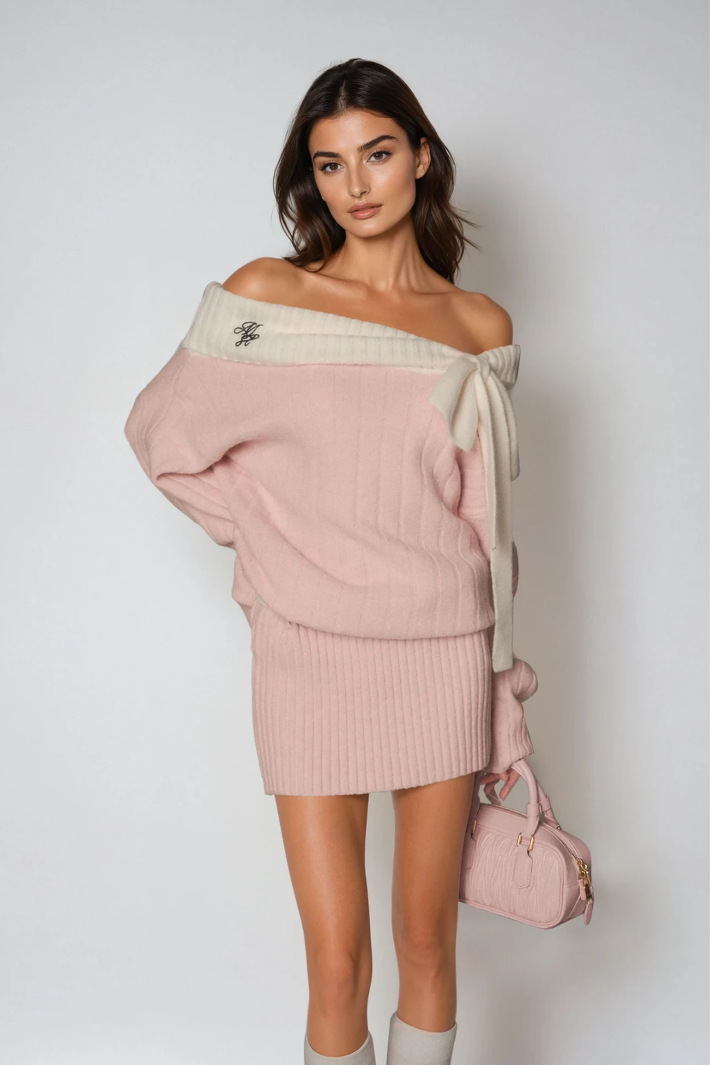 Devi Off Shoulder Bow Knit Mini Dress In Pink