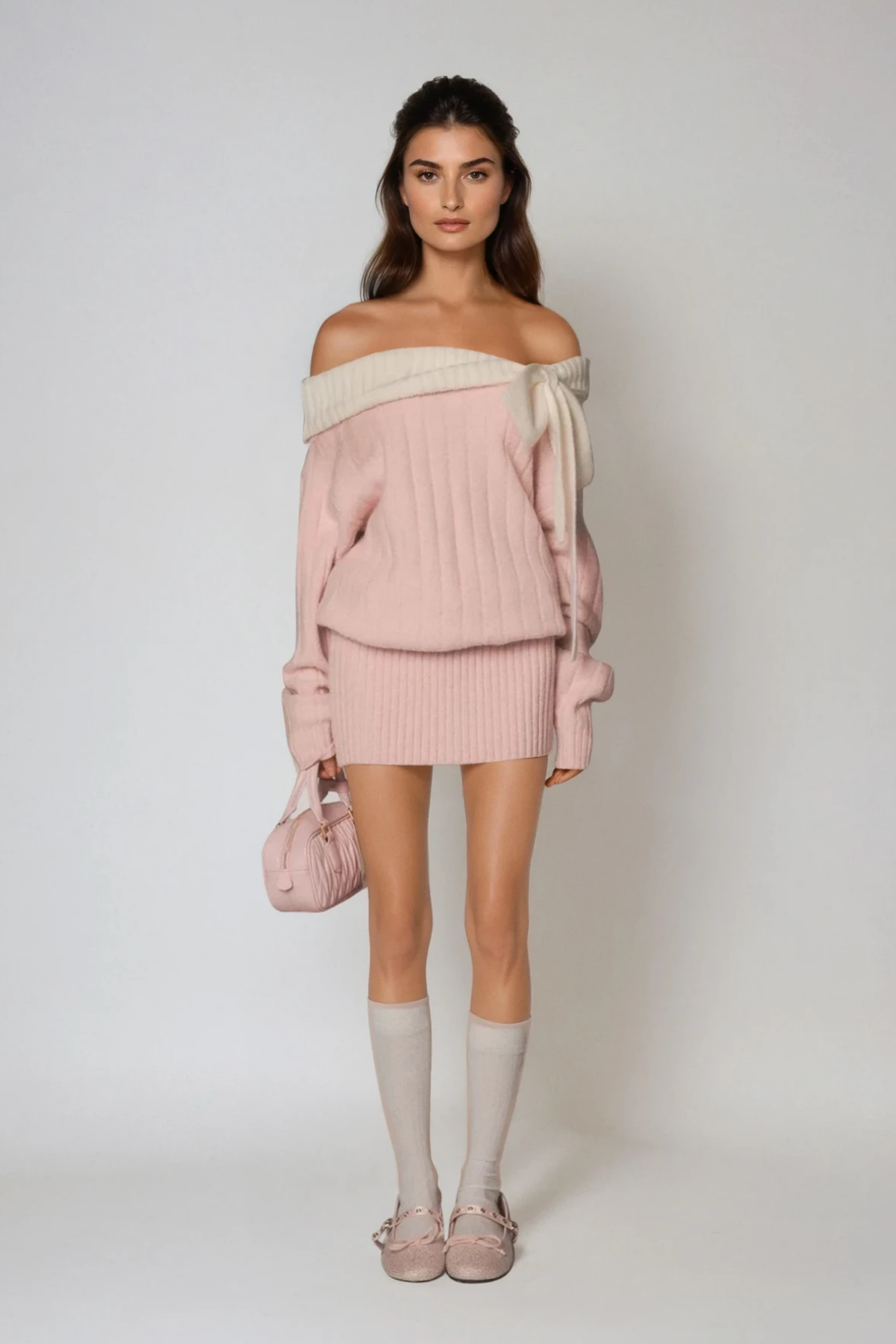 Devi Off Shoulder Bow Knit Mini Dress In Pink