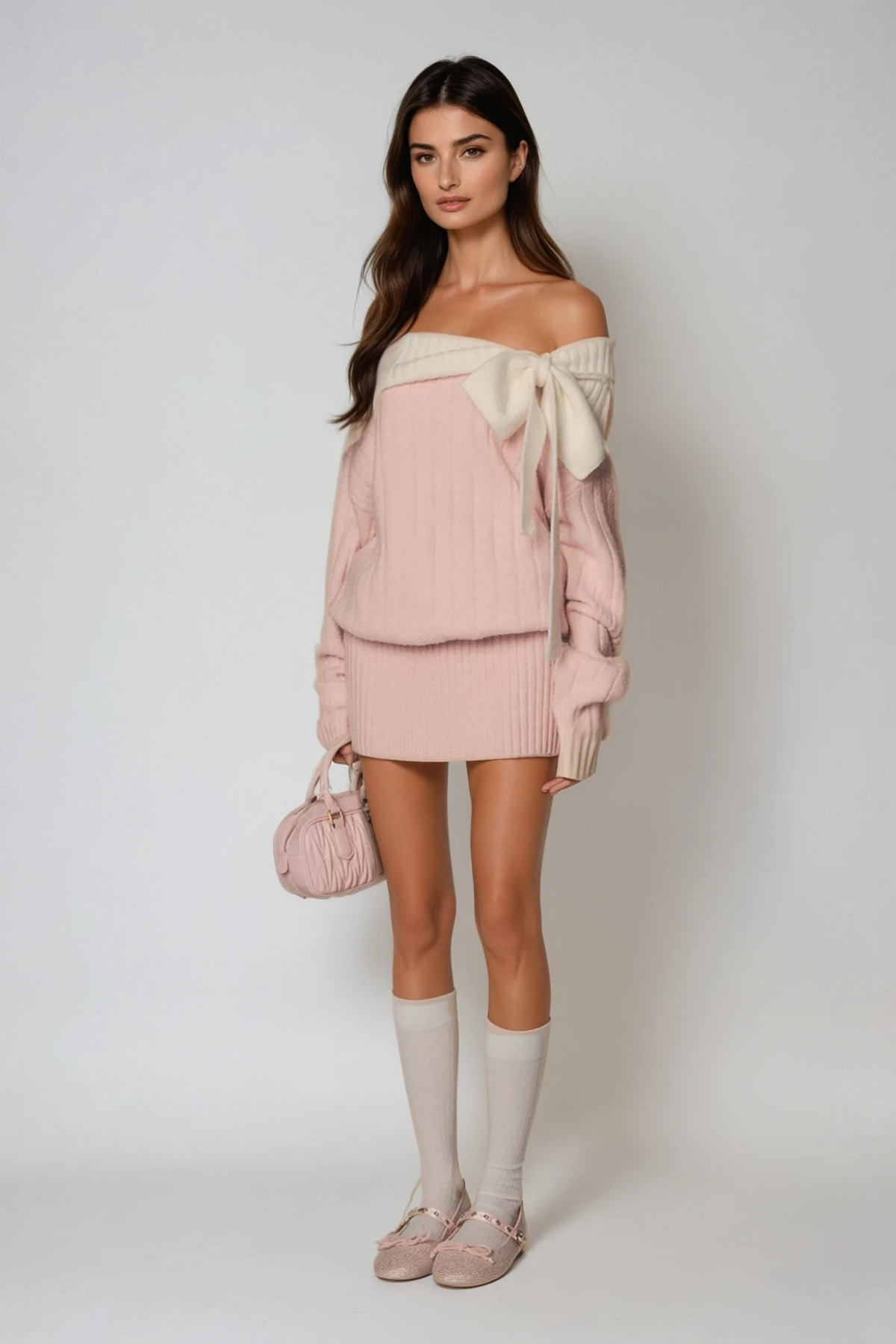 Devi Off Shoulder Bow Knit Mini Dress In Pink