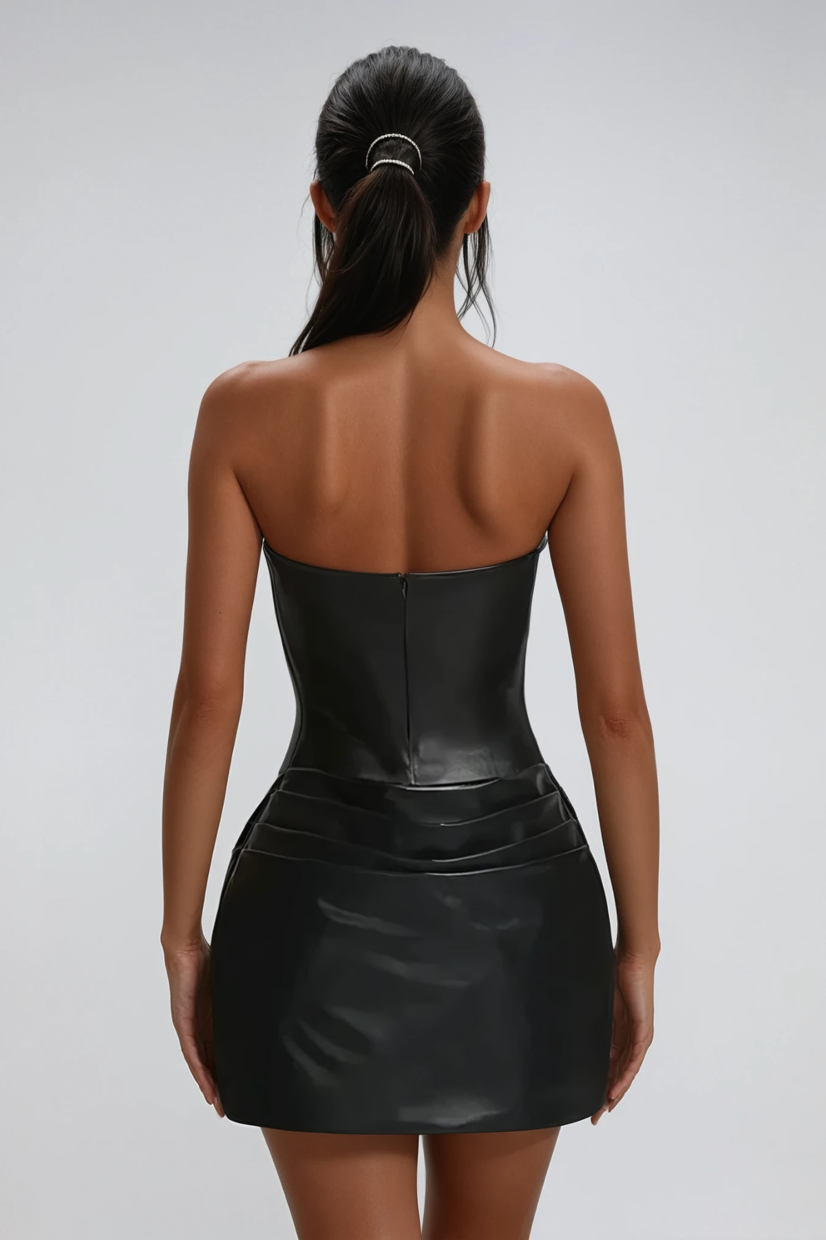Devontae Corset Ruch Leather Mini Dress In Black