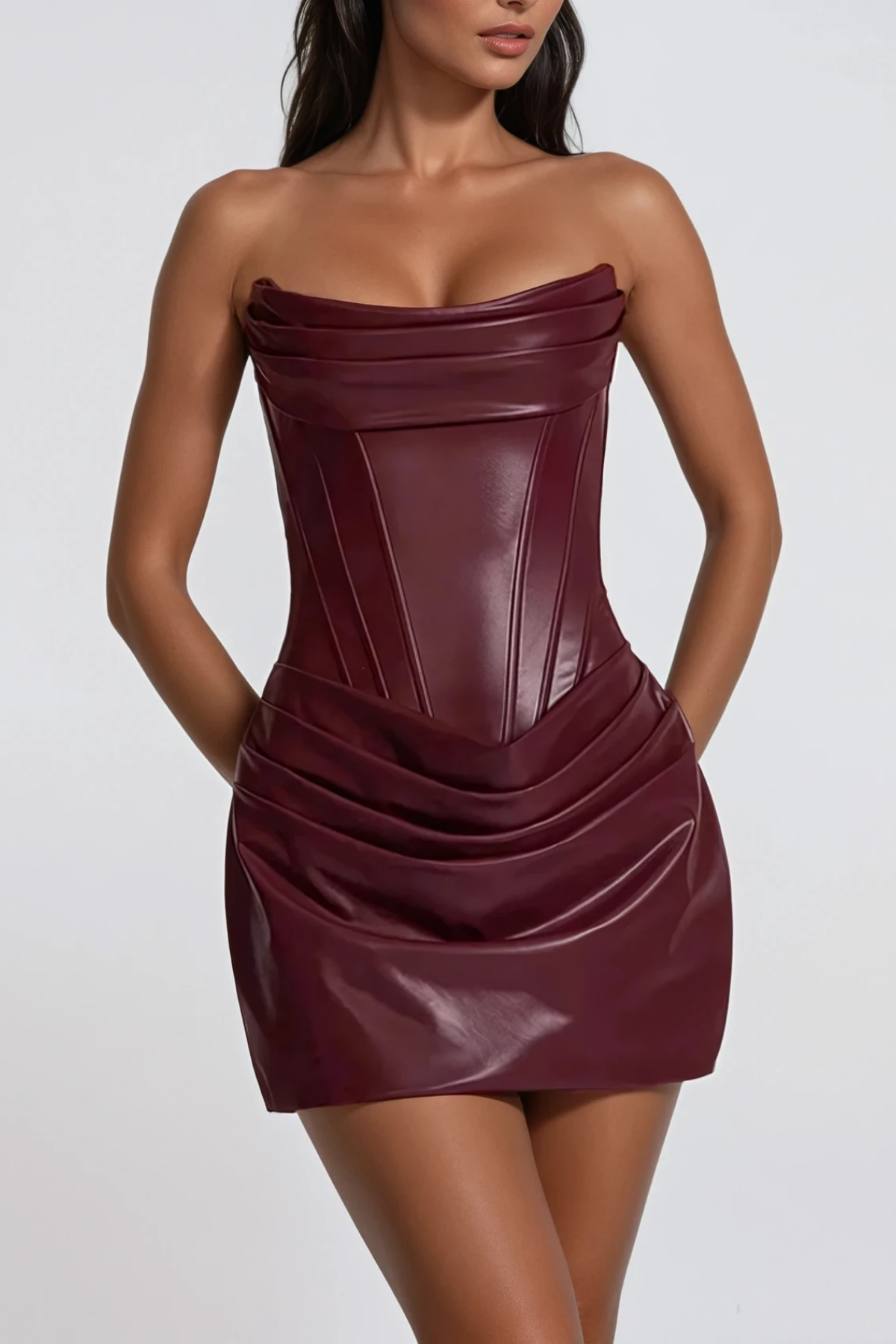 Devontae Corset Ruch Leather Mini Dress In Red
