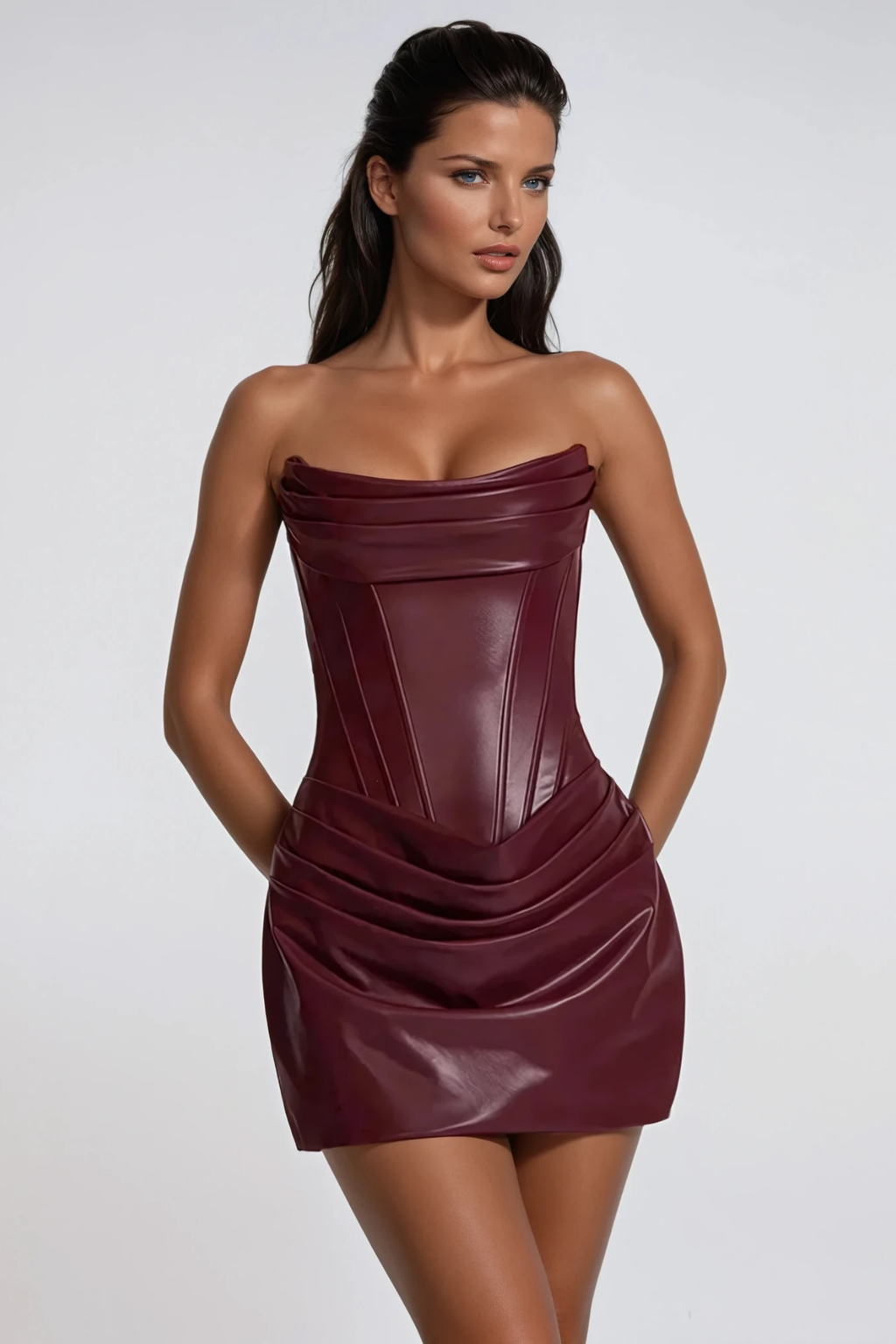 Devontae Corset Ruch Leather Mini Dress In Red