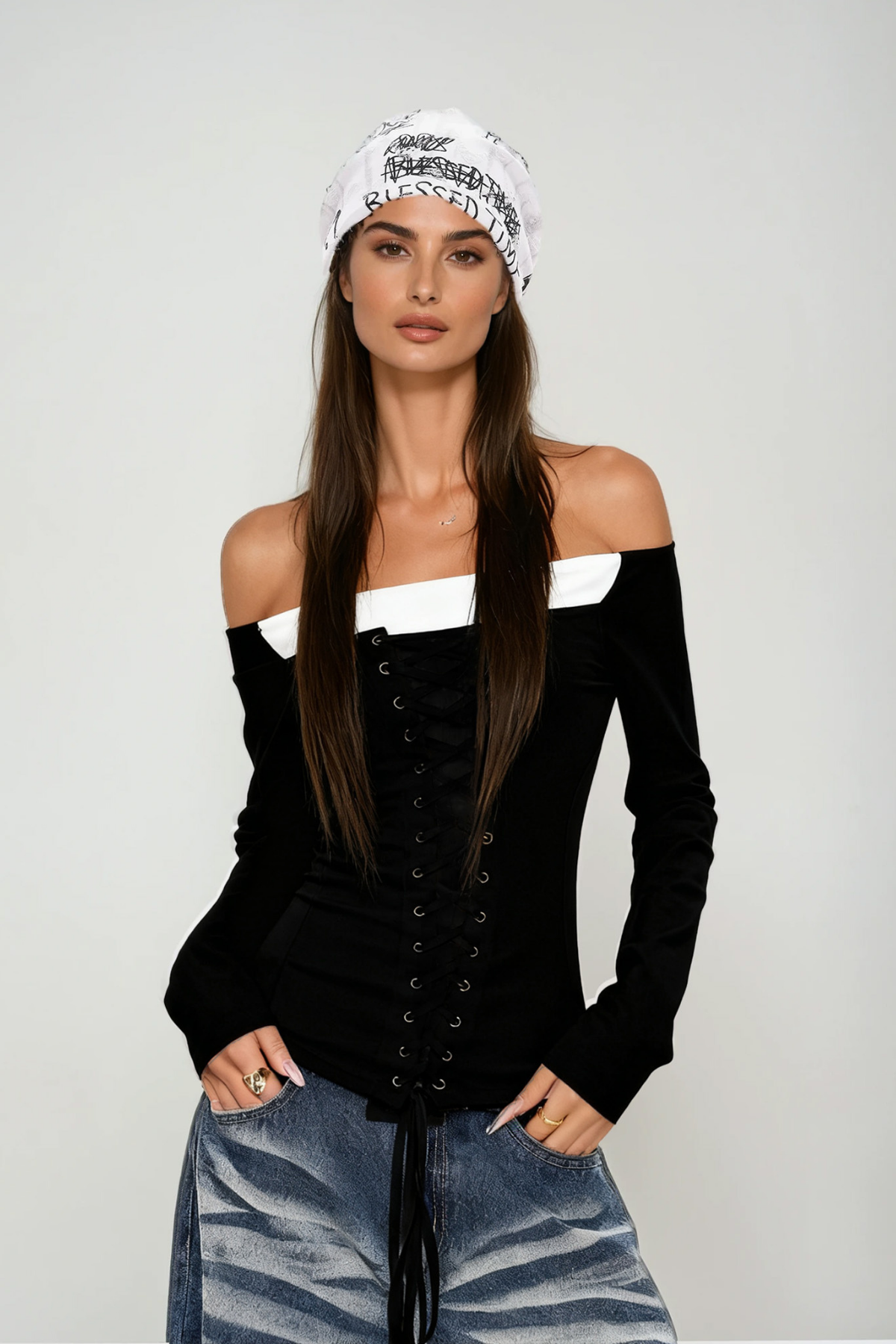Dianne Off Shoulder Lace Up Top In Black