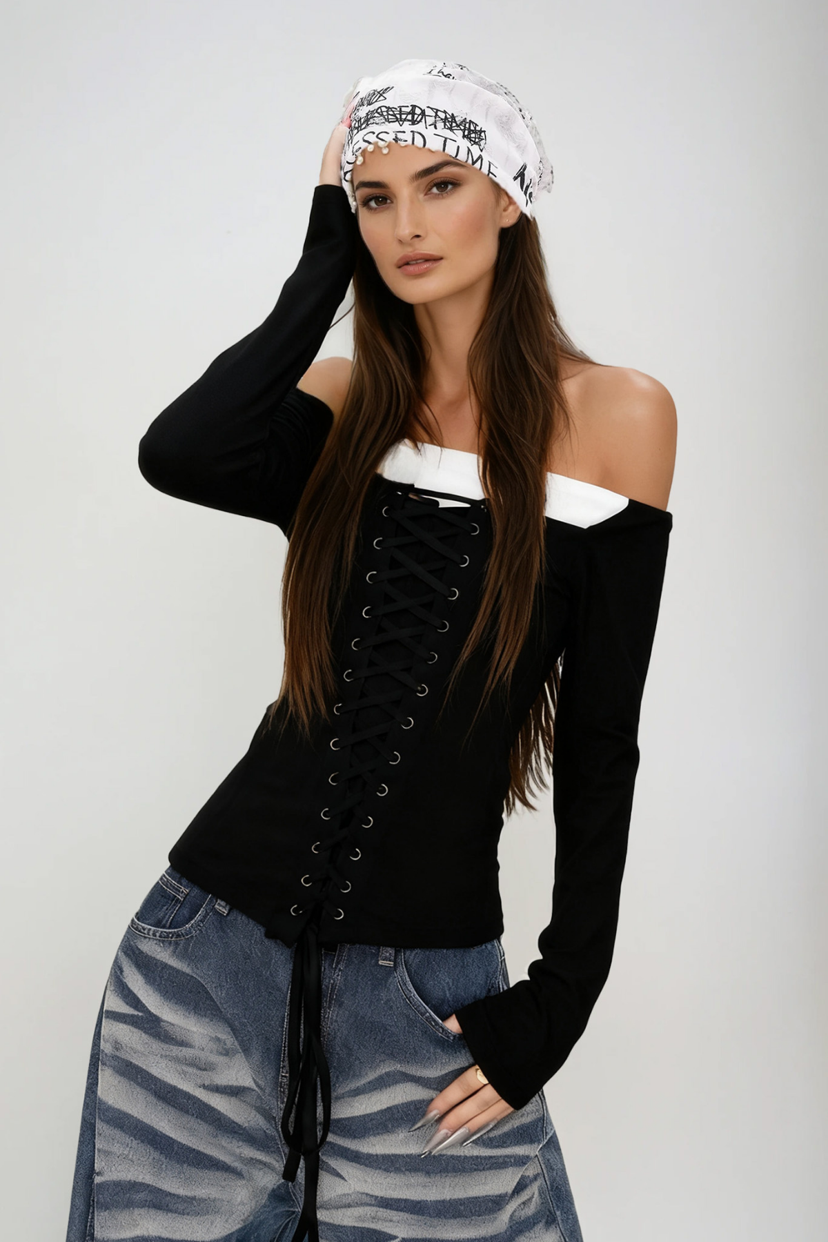Dianne Off Shoulder Lace Up Top In Black