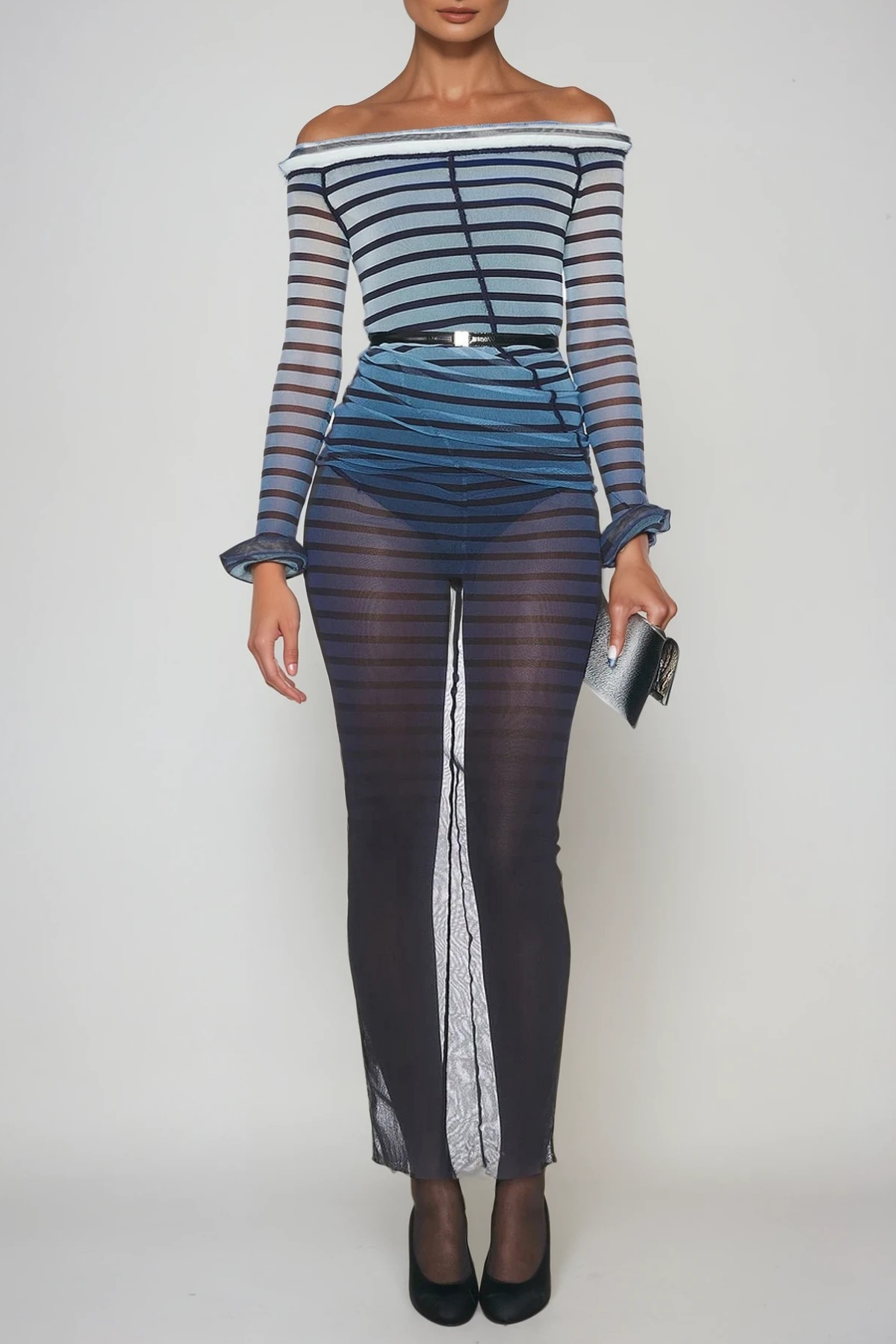 Diggory Off Shoulder Stripe Mesh Maxi Dress