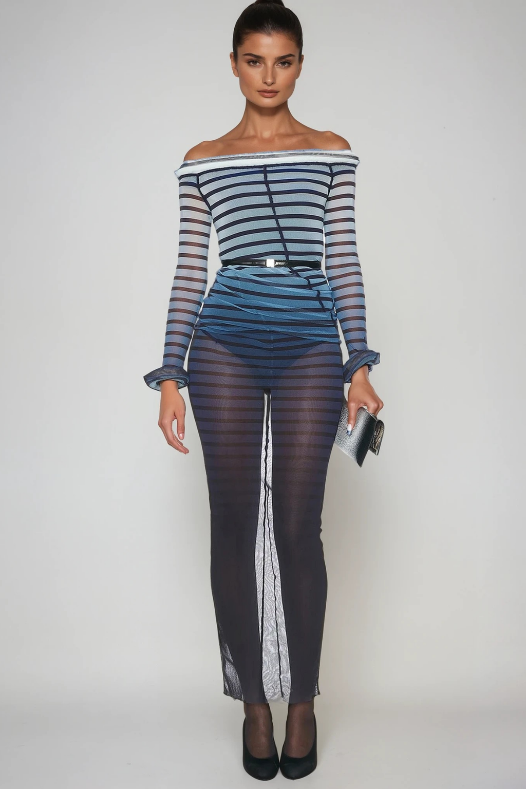 Diggory Off Shoulder Stripe Mesh Maxi Dress