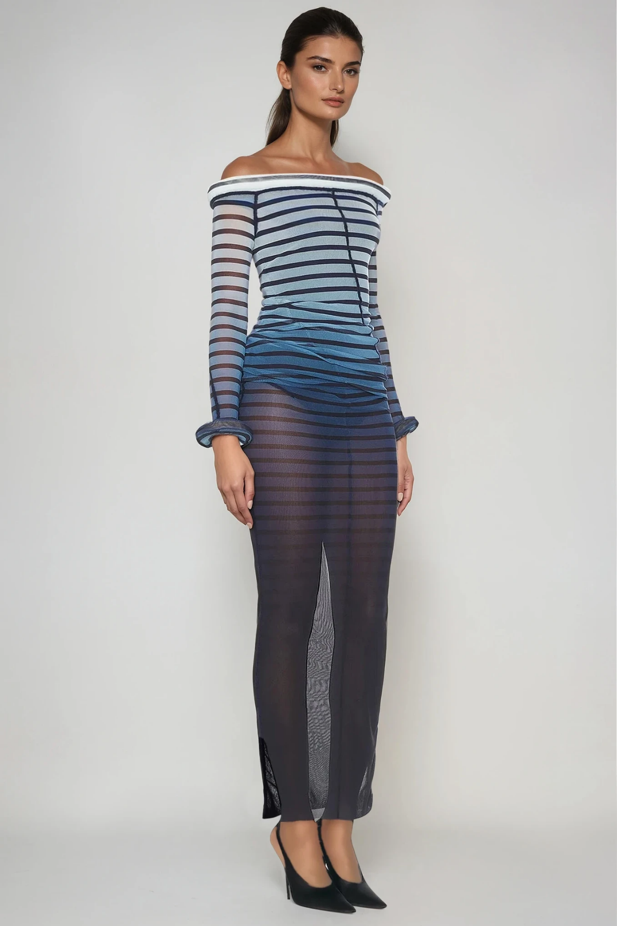 Diggory Off Shoulder Stripe Mesh Maxi Dress