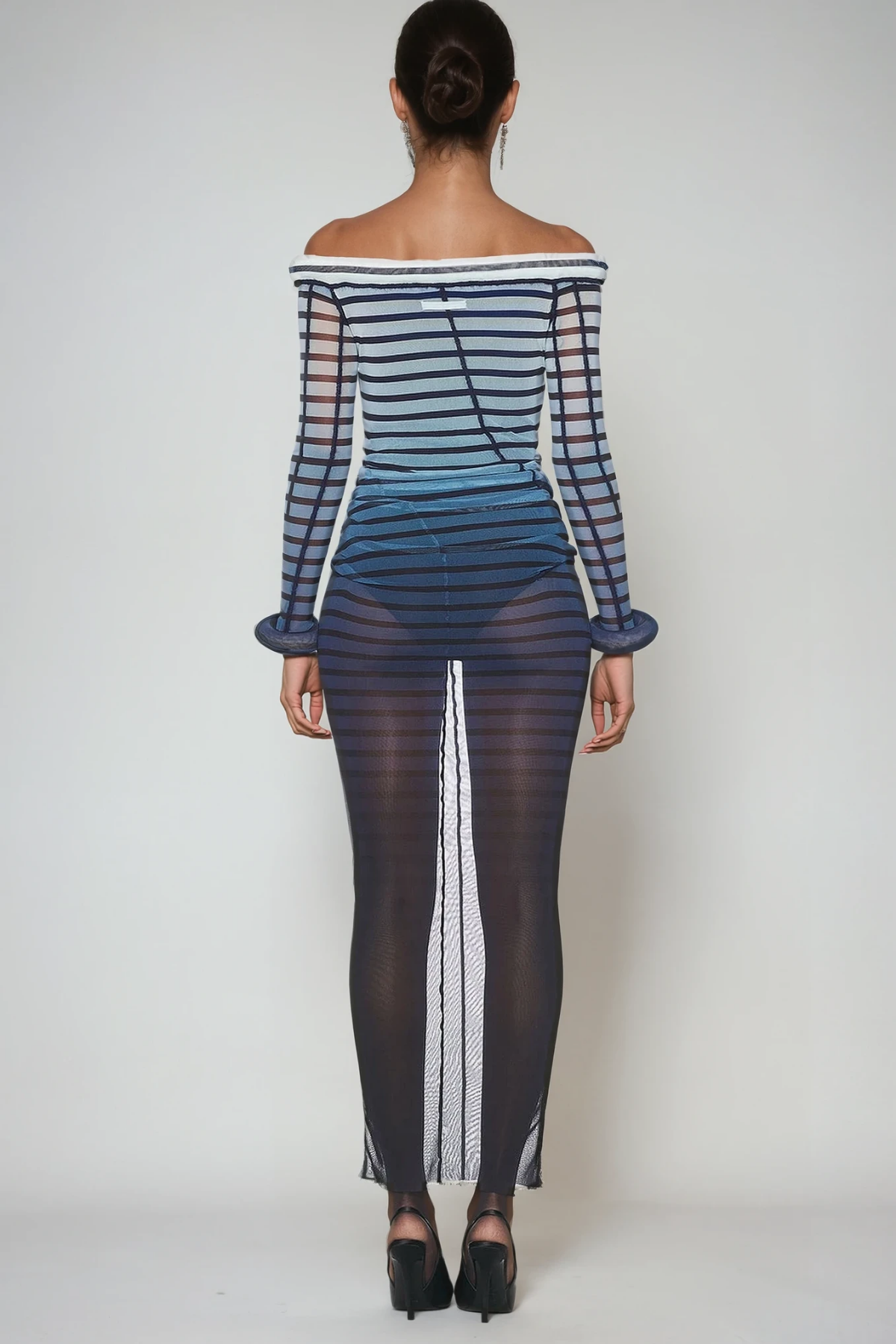 Diggory Off Shoulder Stripe Mesh Maxi Dress