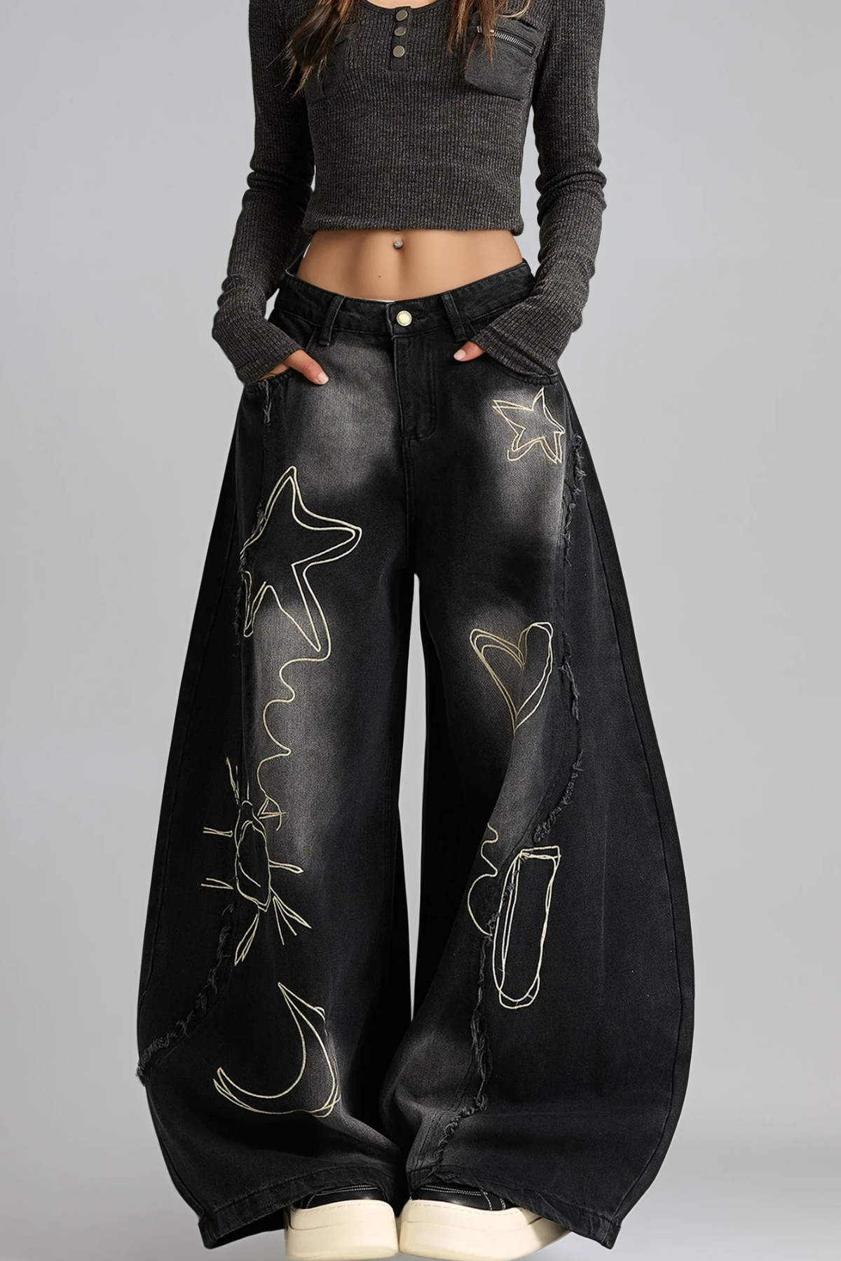 Dikeledi Print Fringe Jeans In Black