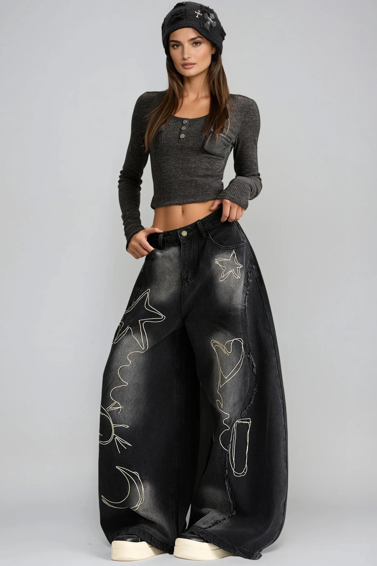 Dikeledi Print Fringe Jeans In Black