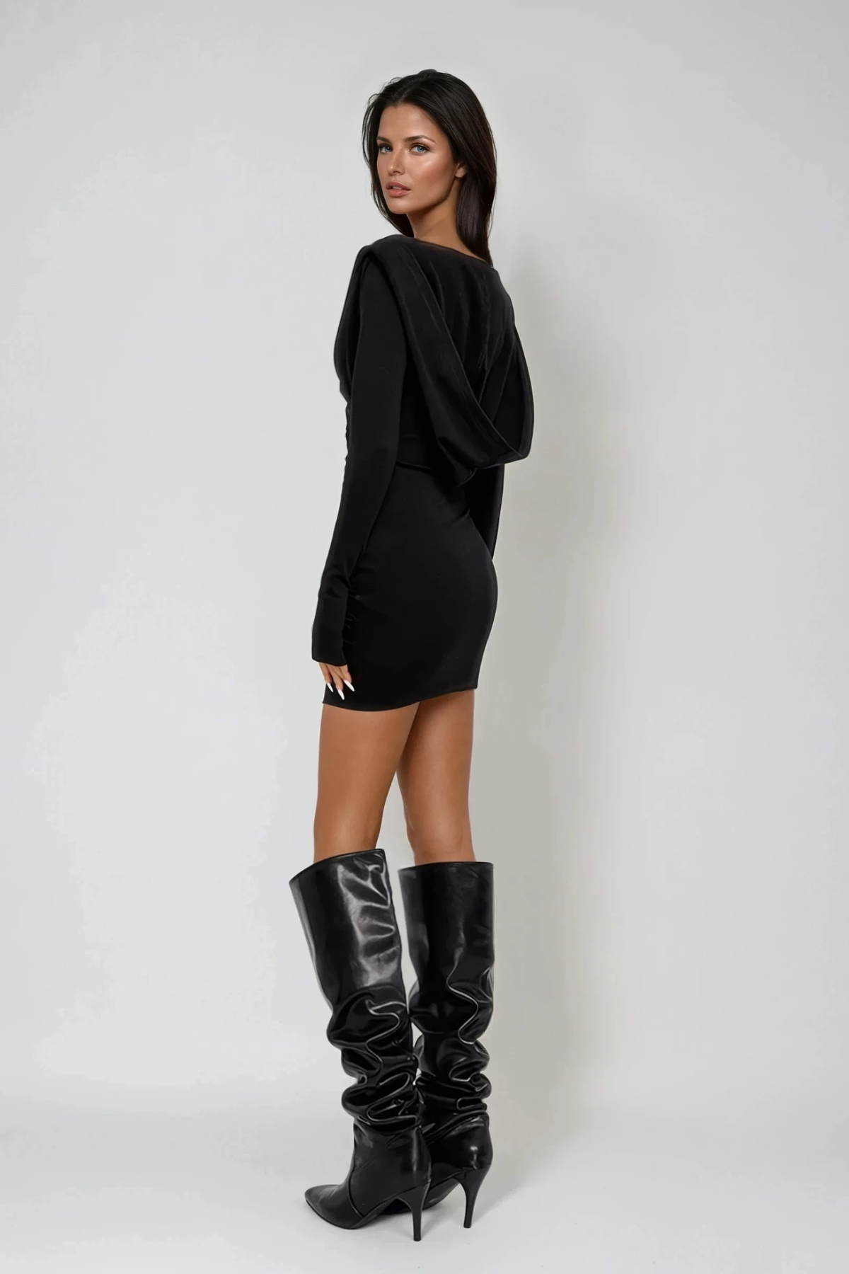 Dimas Grid Hooded Ruch Mini Dress
