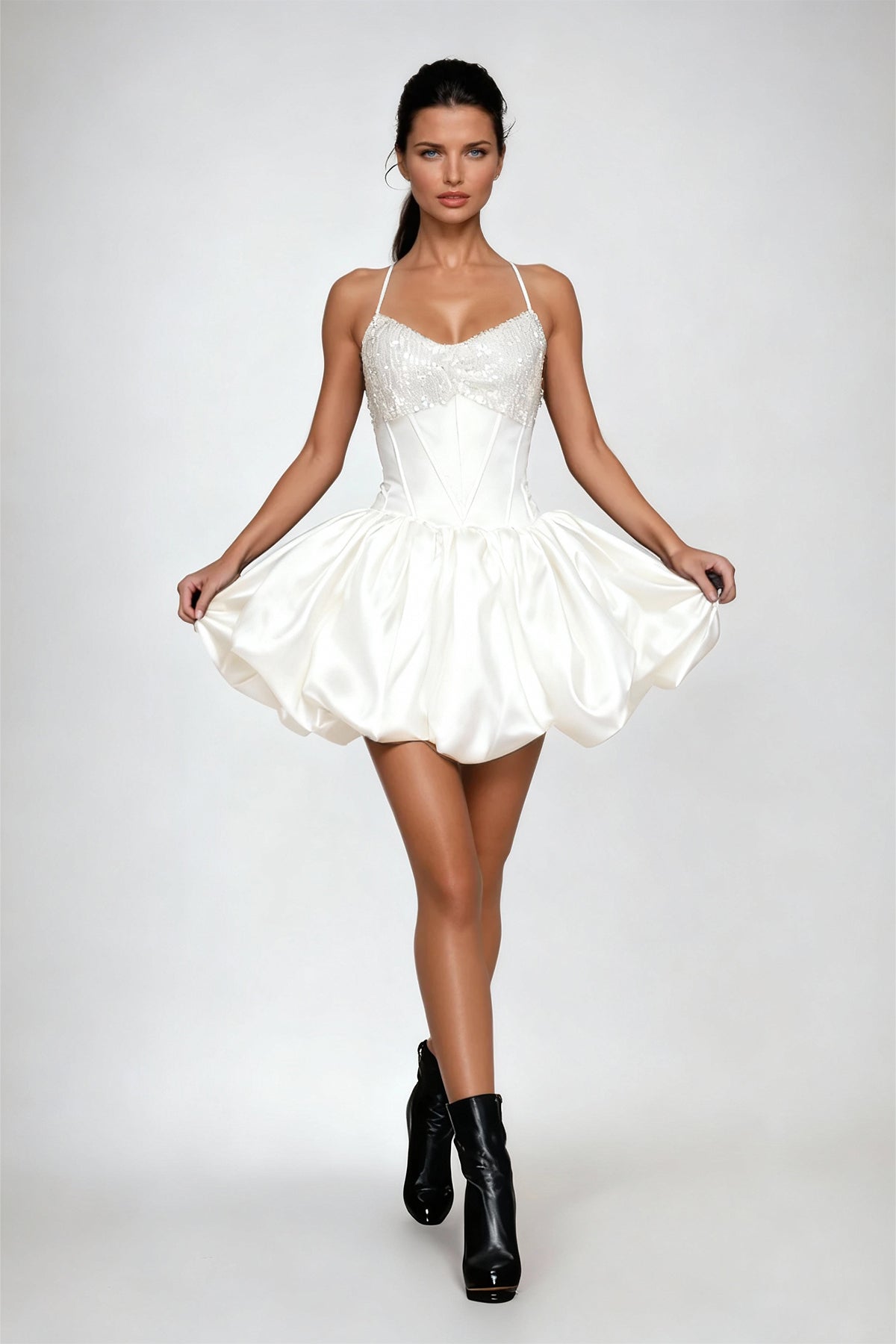 Dimitri Sequin Lace Up Puffy Mini Dress In White