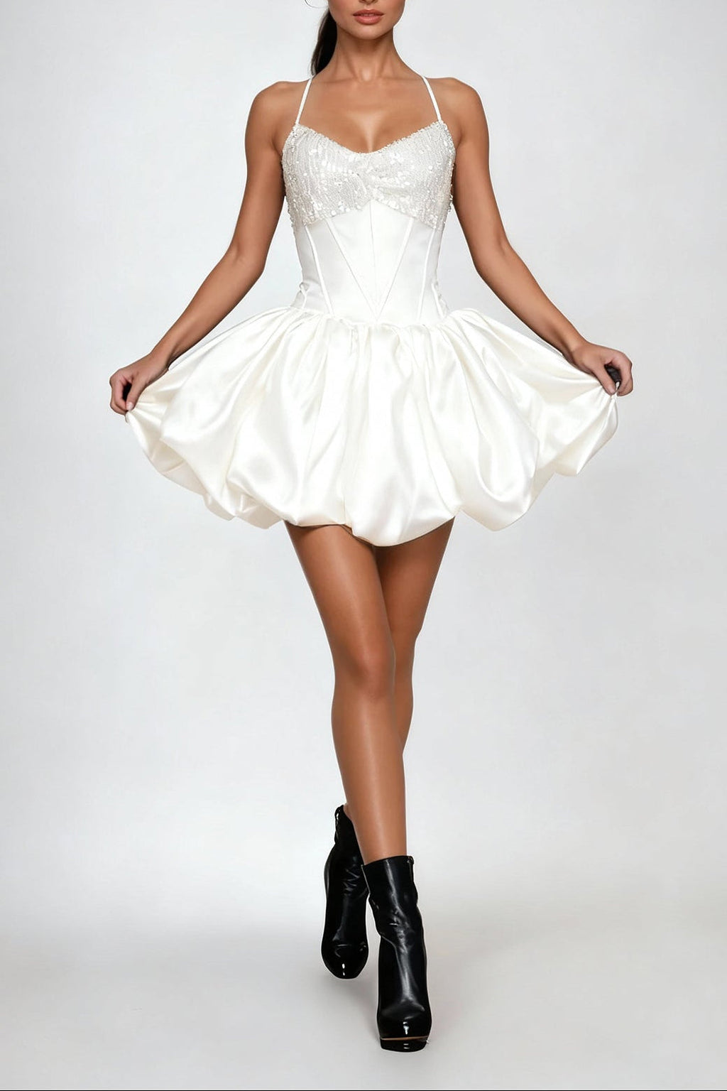 Dimitri Sequin Lace Up Puffy Mini Dress In White