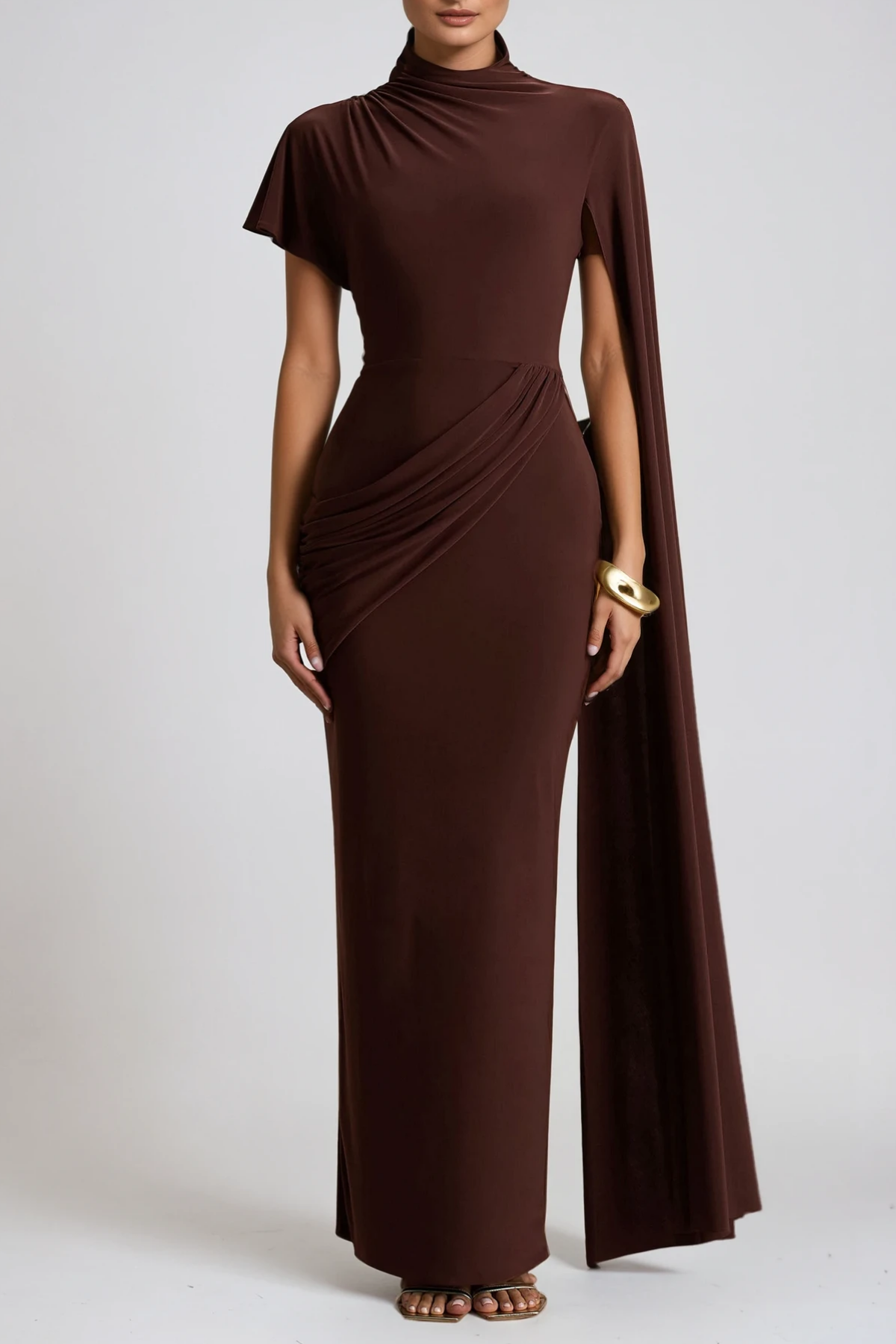Dimosthenis Bodycon Ruch Fringe Maxi Dress In Brown