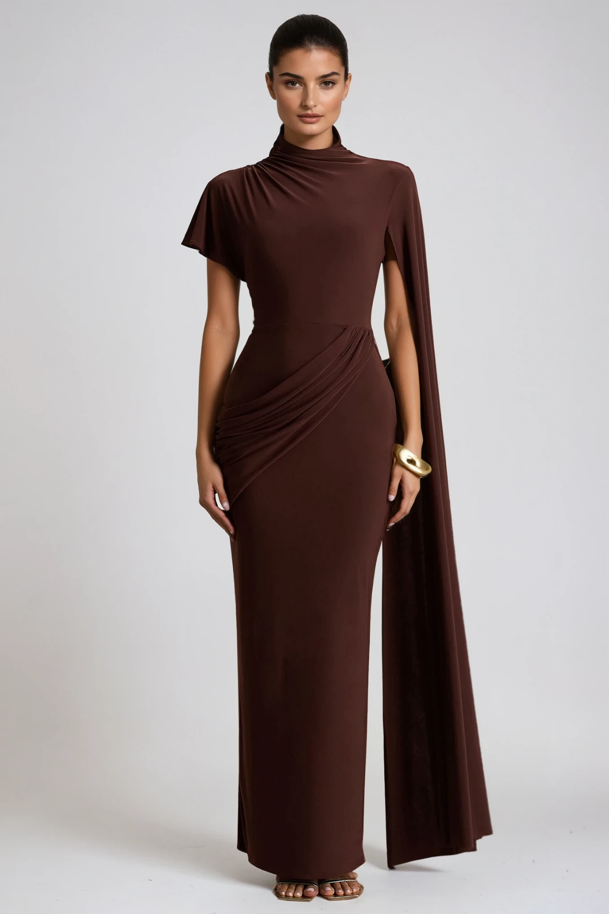 Dimosthenis Bodycon Ruch Fringe Maxi Dress In Brown
