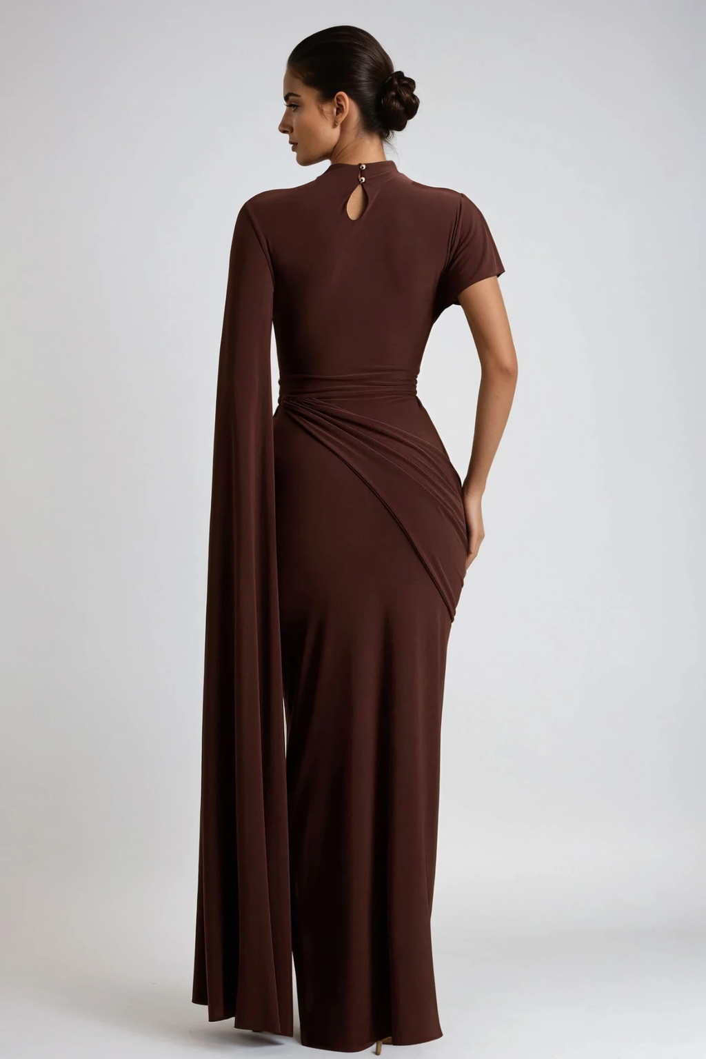 Dimosthenis Bodycon Ruch Fringe Maxi Dress In Brown