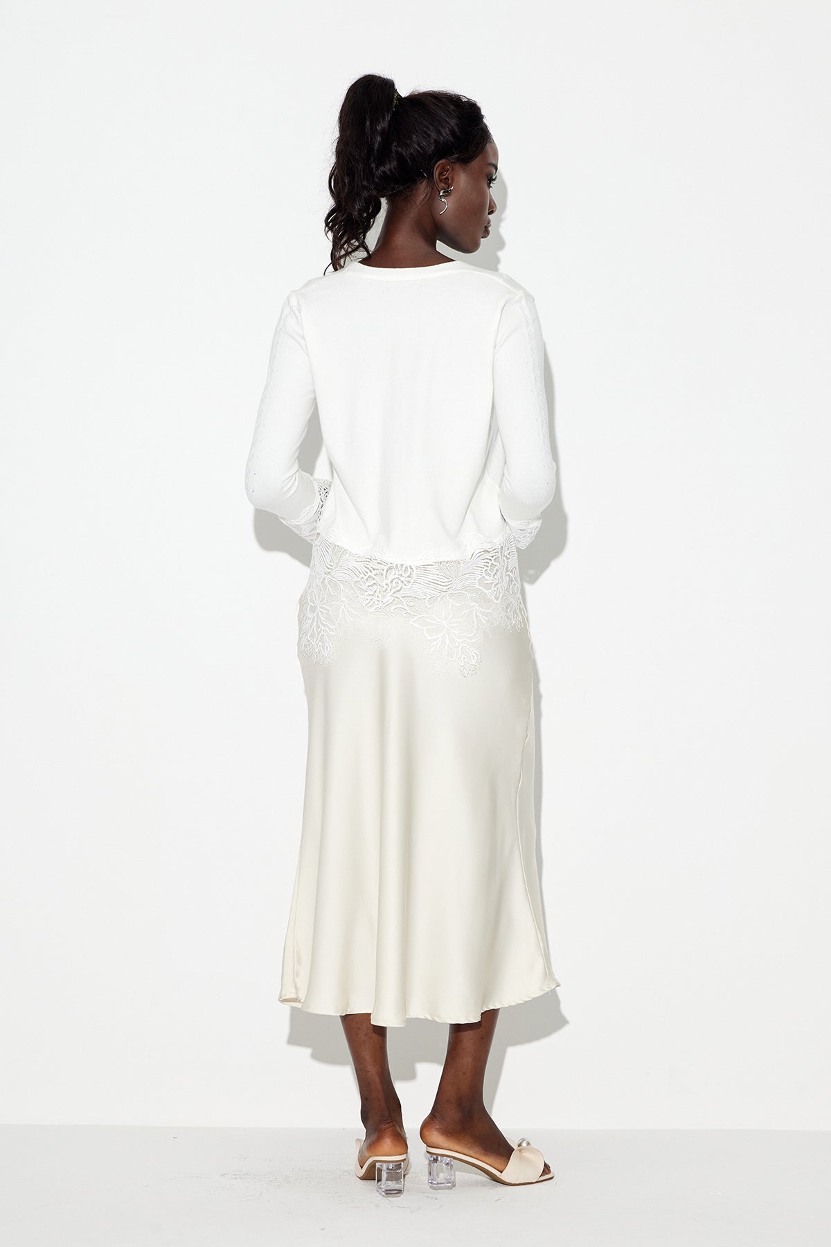 Eadred Lace Plunge Knit Top In White