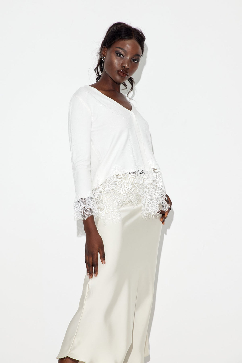 Eadred Lace Plunge Knit Top In White