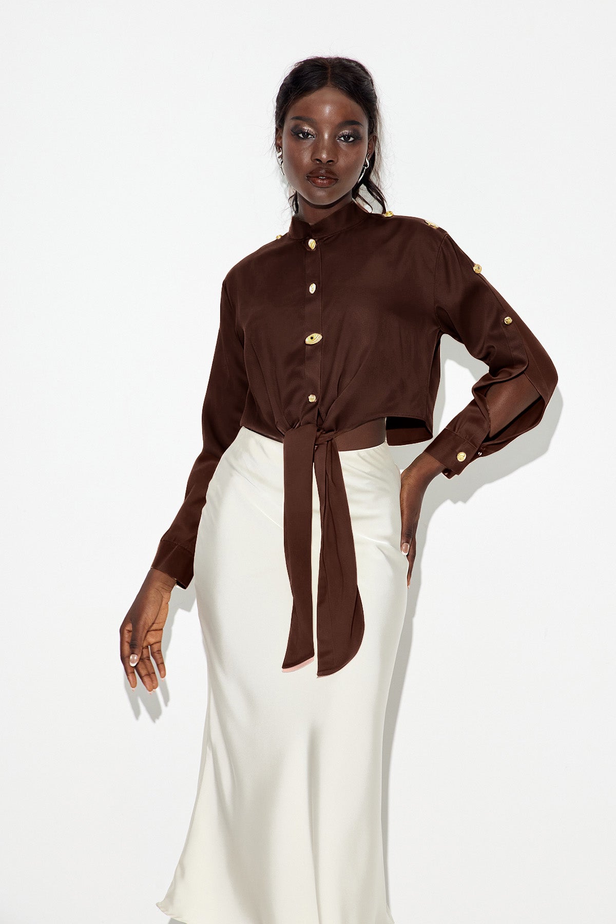 Eadric Deconstruct Tie Up Shirt In Brown