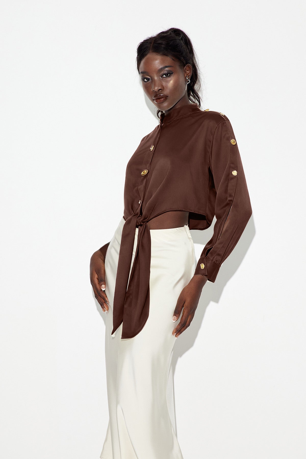 Eadric Deconstruct Tie Up Shirt In Brown