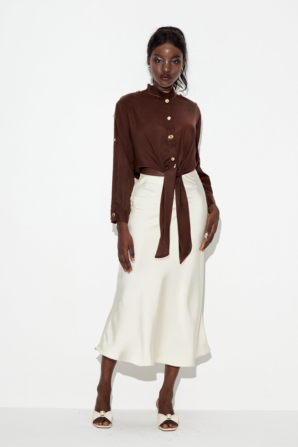 Eadric Deconstruct Tie Up Shirt In Brown