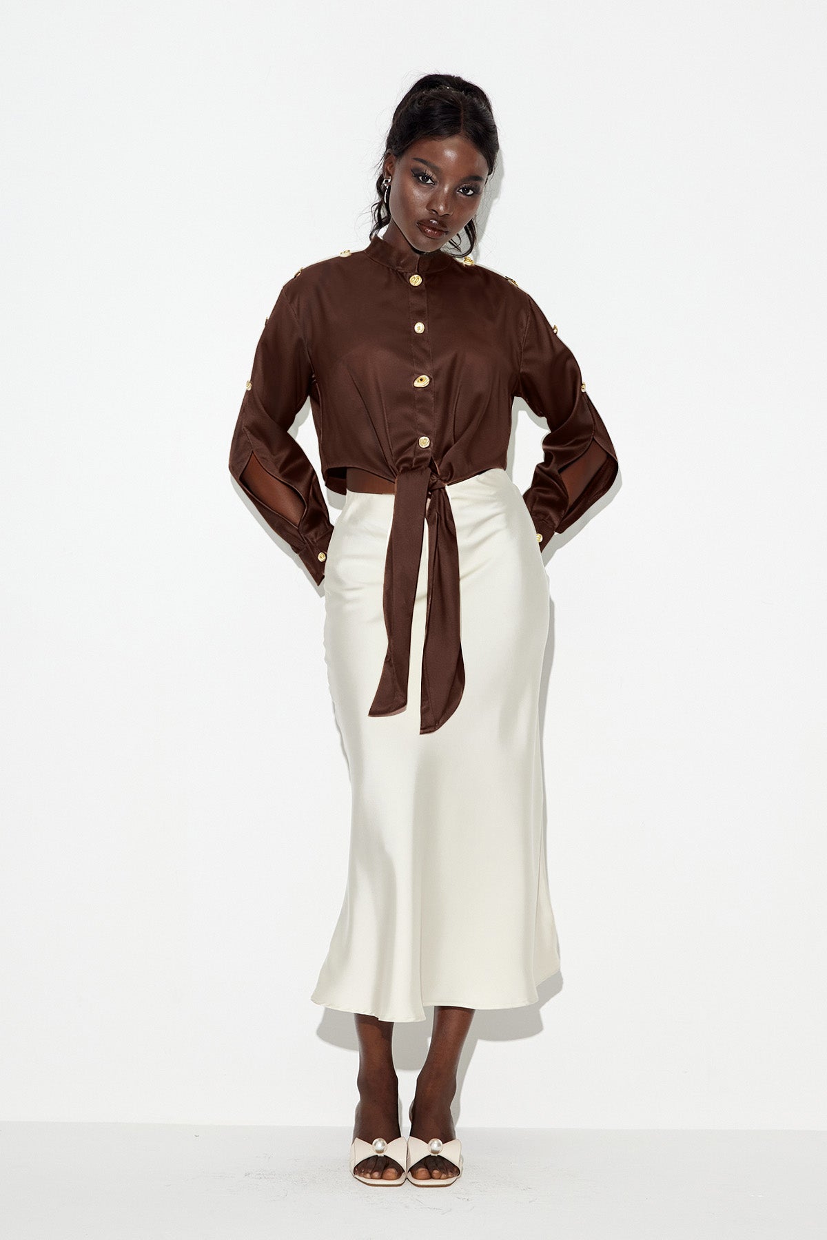 Eadric Deconstruct Tie Up Shirt In Brown