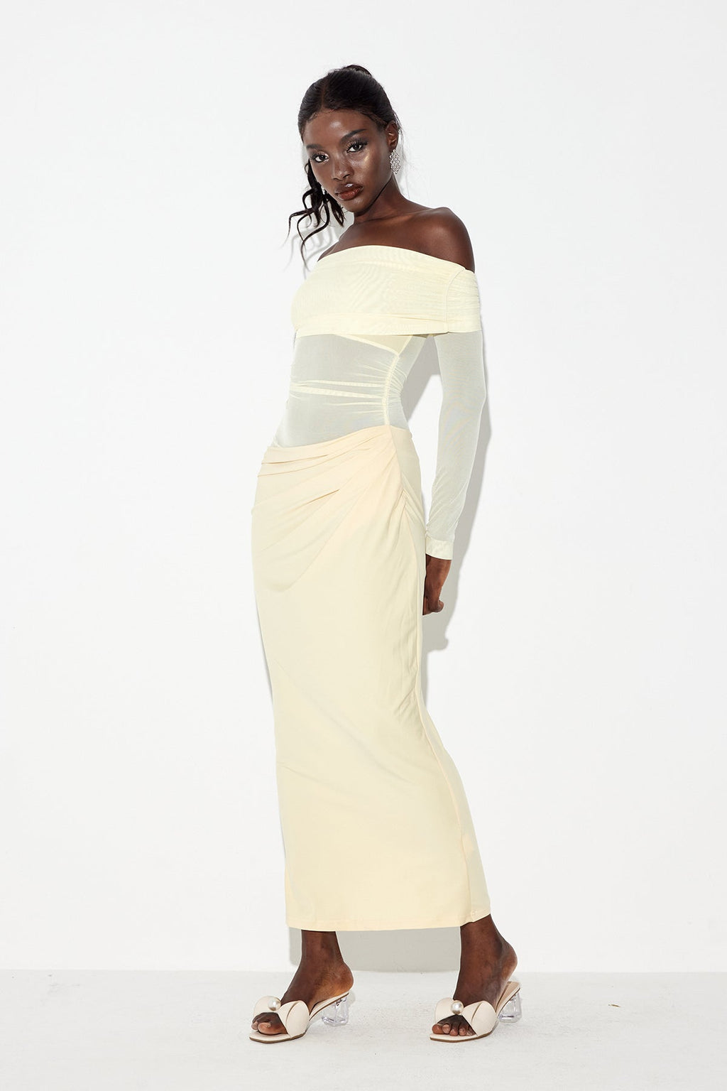 Earline Off Shoulder Ruch Mesh Maxi Dress In Yellow