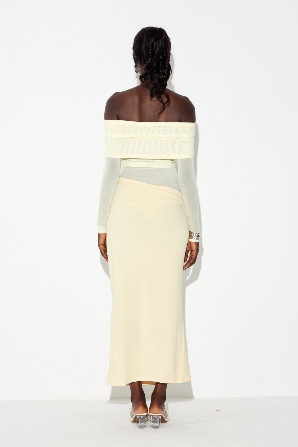 Earline Off Shoulder Ruch Mesh Maxi Dress In Yellow