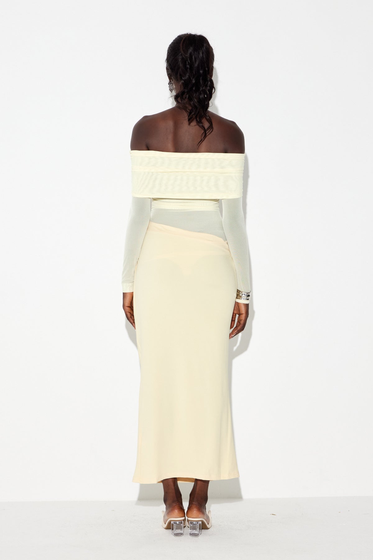 Earline Off Shoulder Ruch Mesh Maxi Dress In Yellow