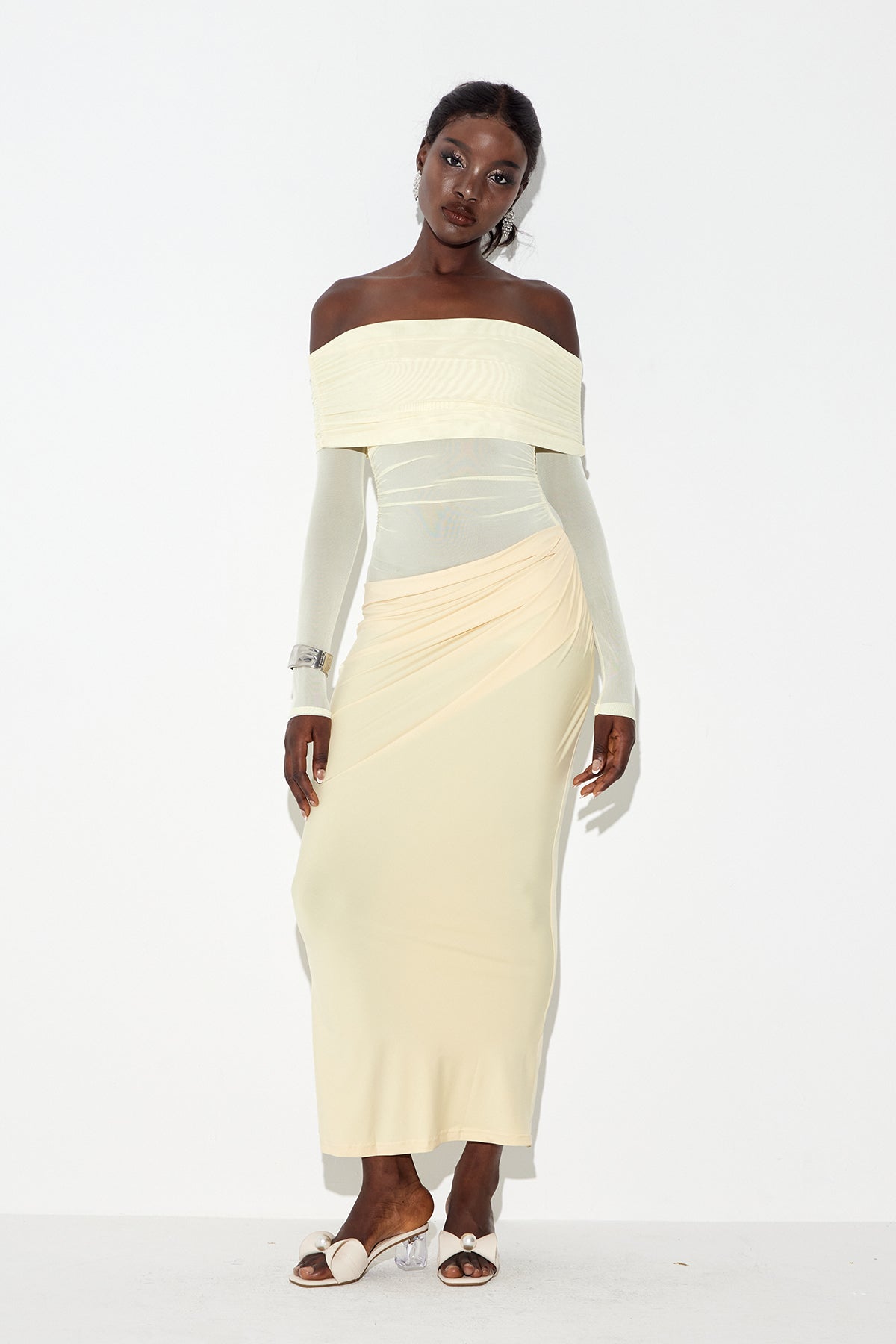 Earline Off Shoulder Ruch Mesh Maxi Dress In Yellow