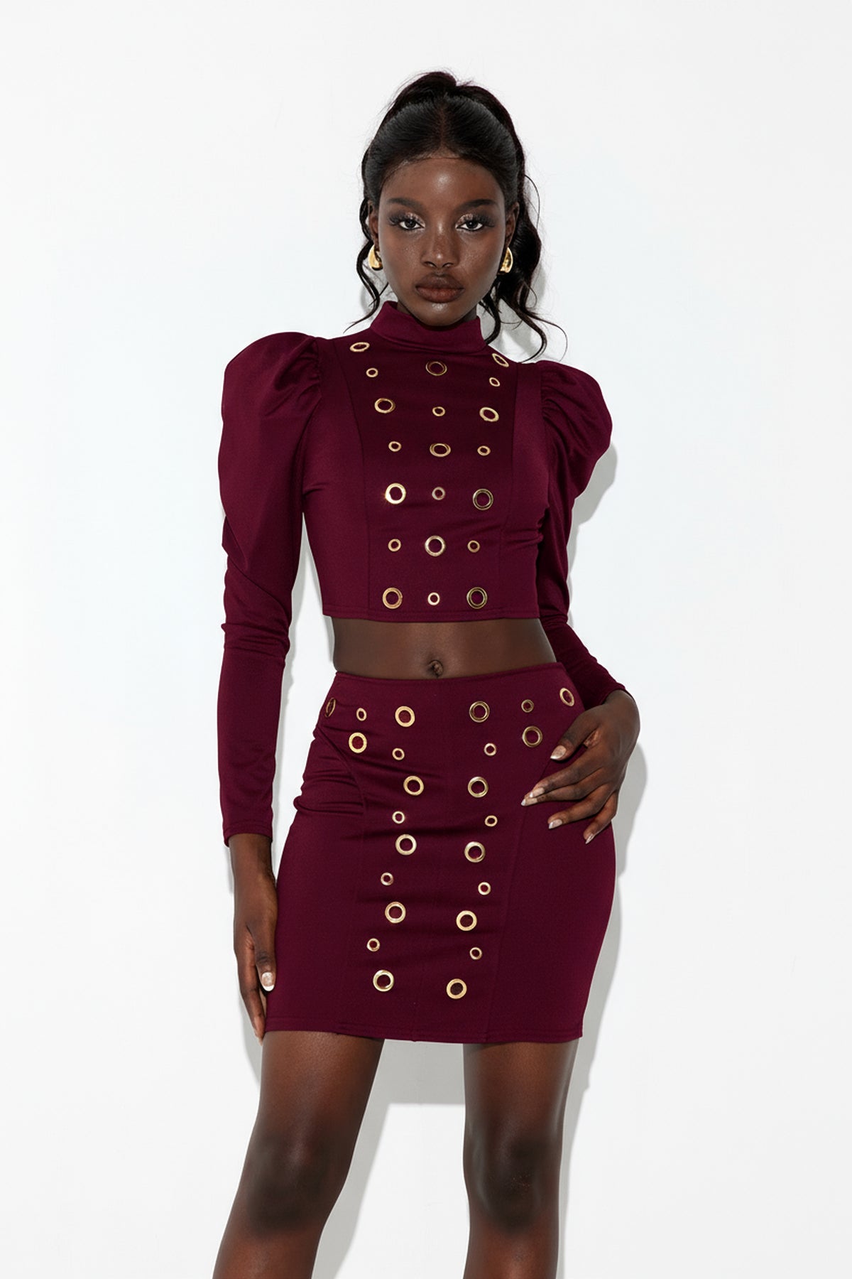 Earnest Long Sleeve Eyelet Skirt Set In Red