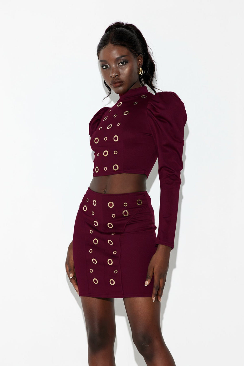 Earnest Long Sleeve Eyelet Skirt Set In Red