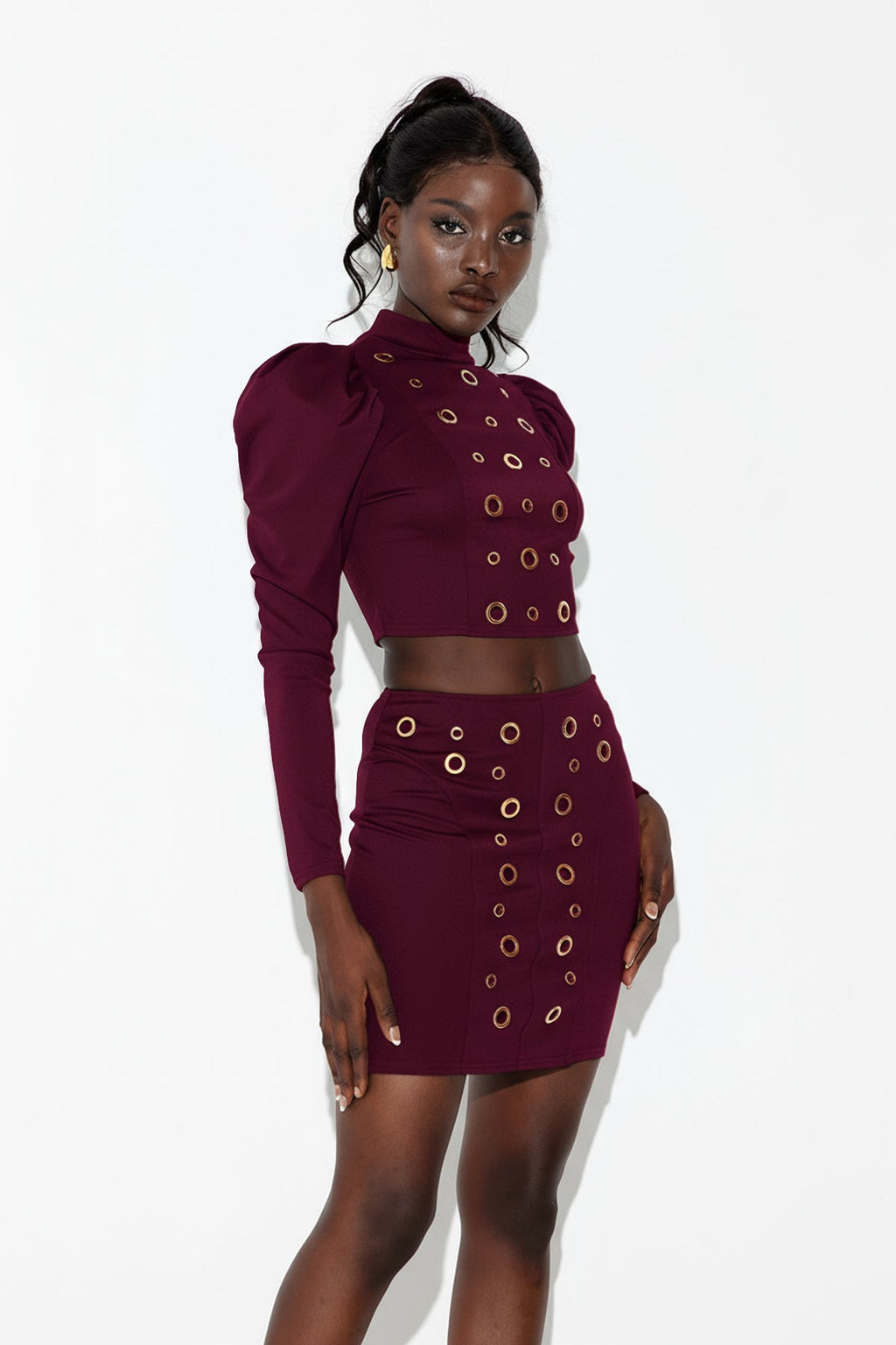 Earnest Long Sleeve Eyelet Skirt Set In Red