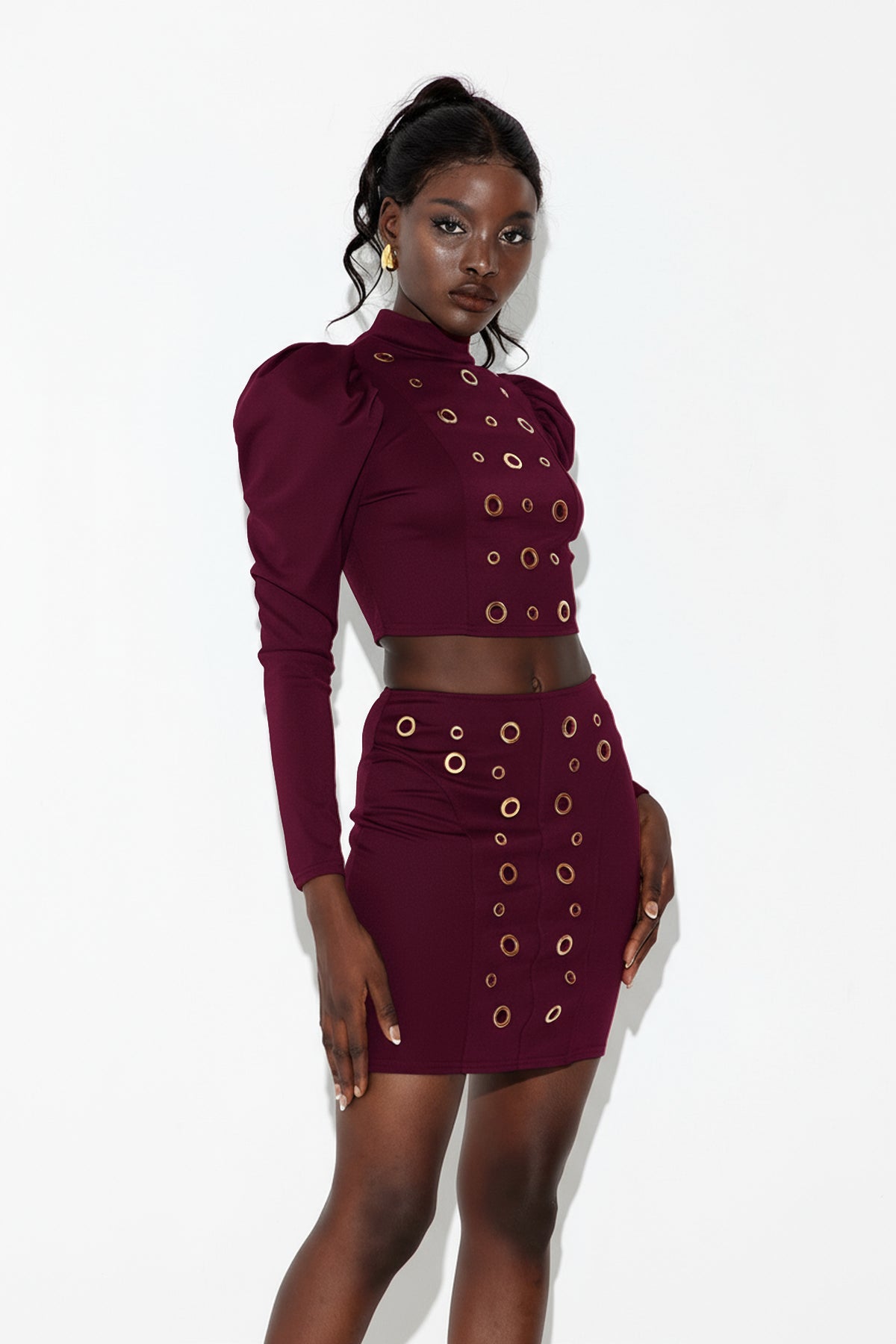 Earnest Long Sleeve Eyelet Skirt Set In Red