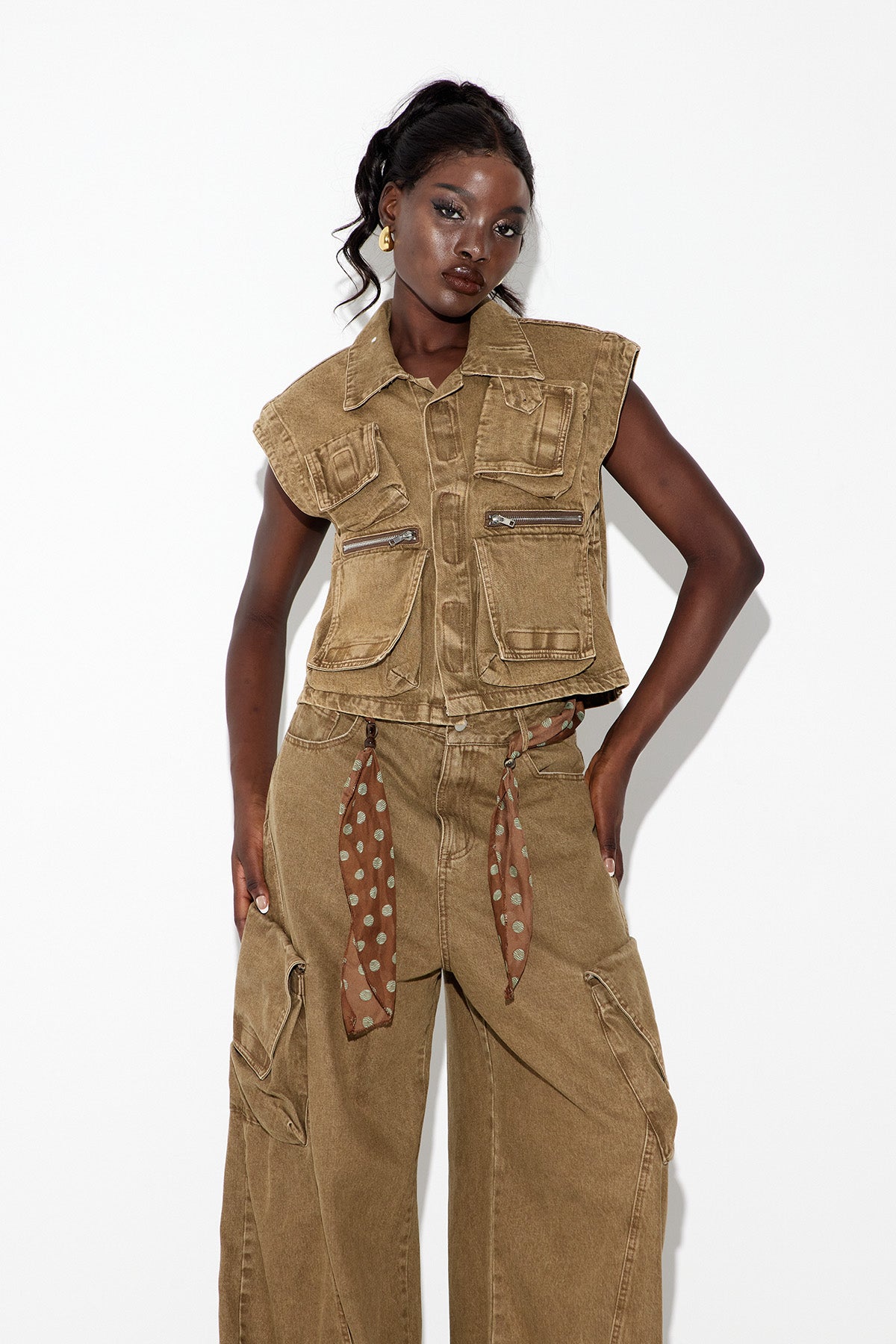 Ebele Pocket Cargo Denim Pants Set