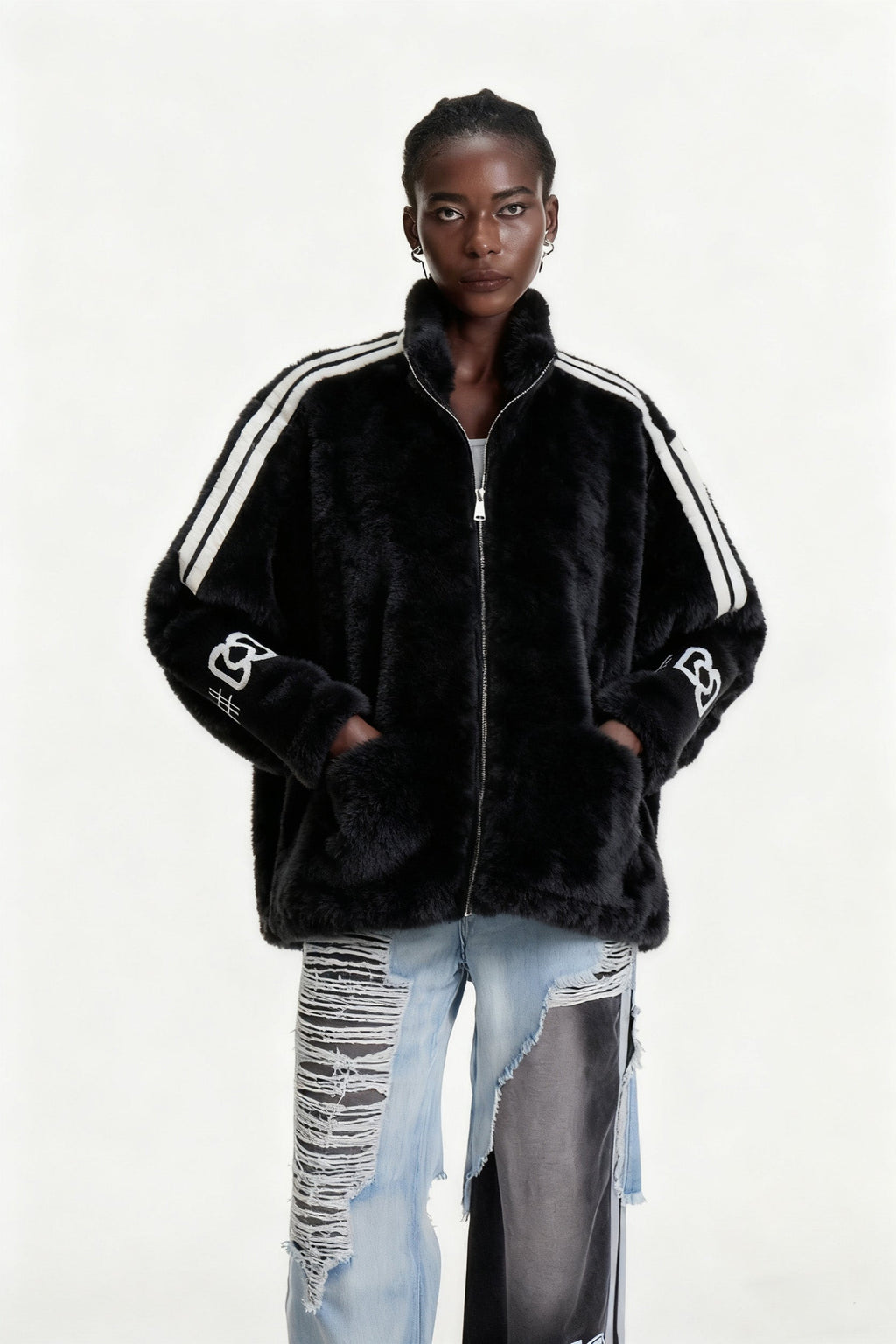 Edel Stand Collar Faux Fur Jacket In Black