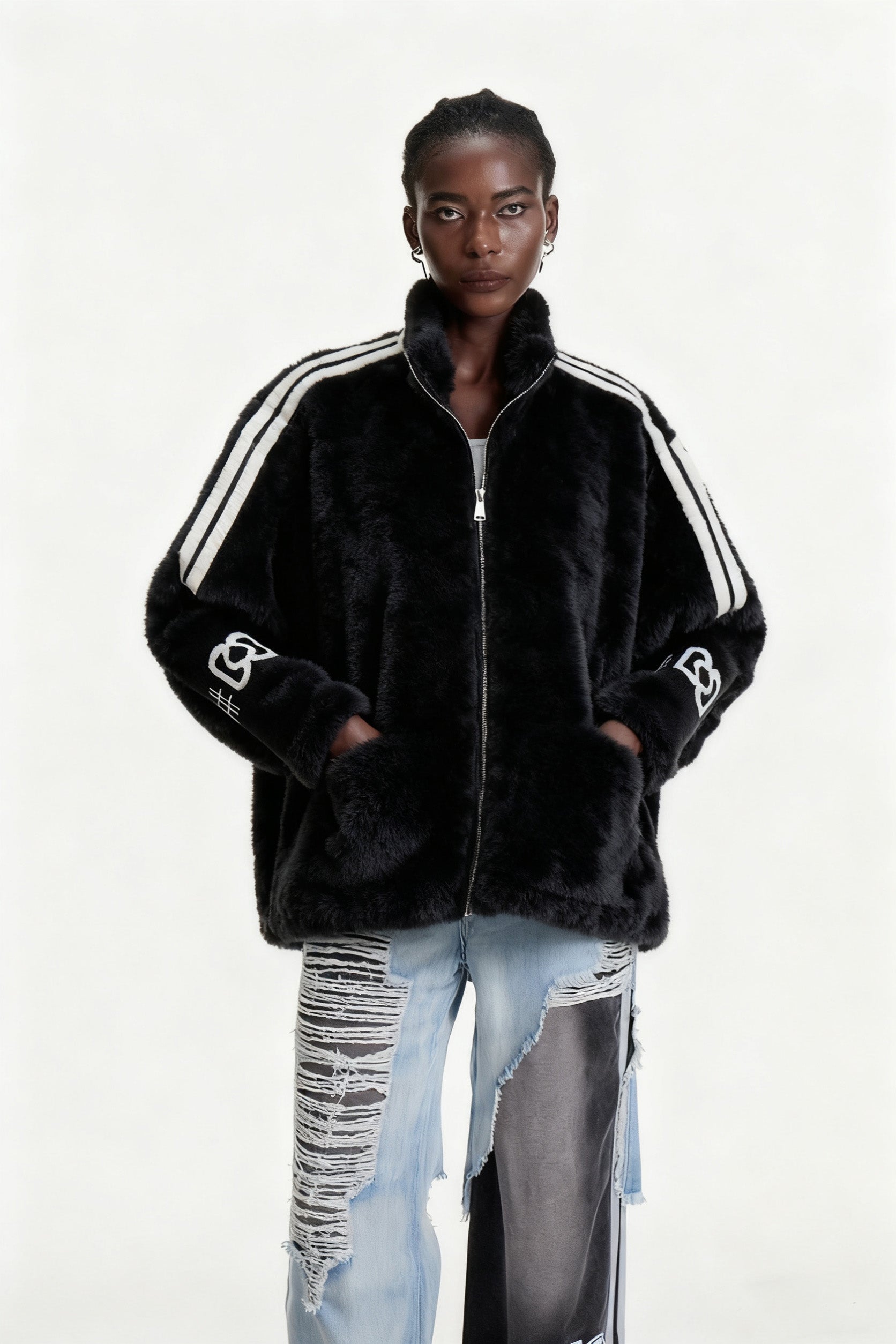 Edel Stand Collar Faux Fur Jacket In Black