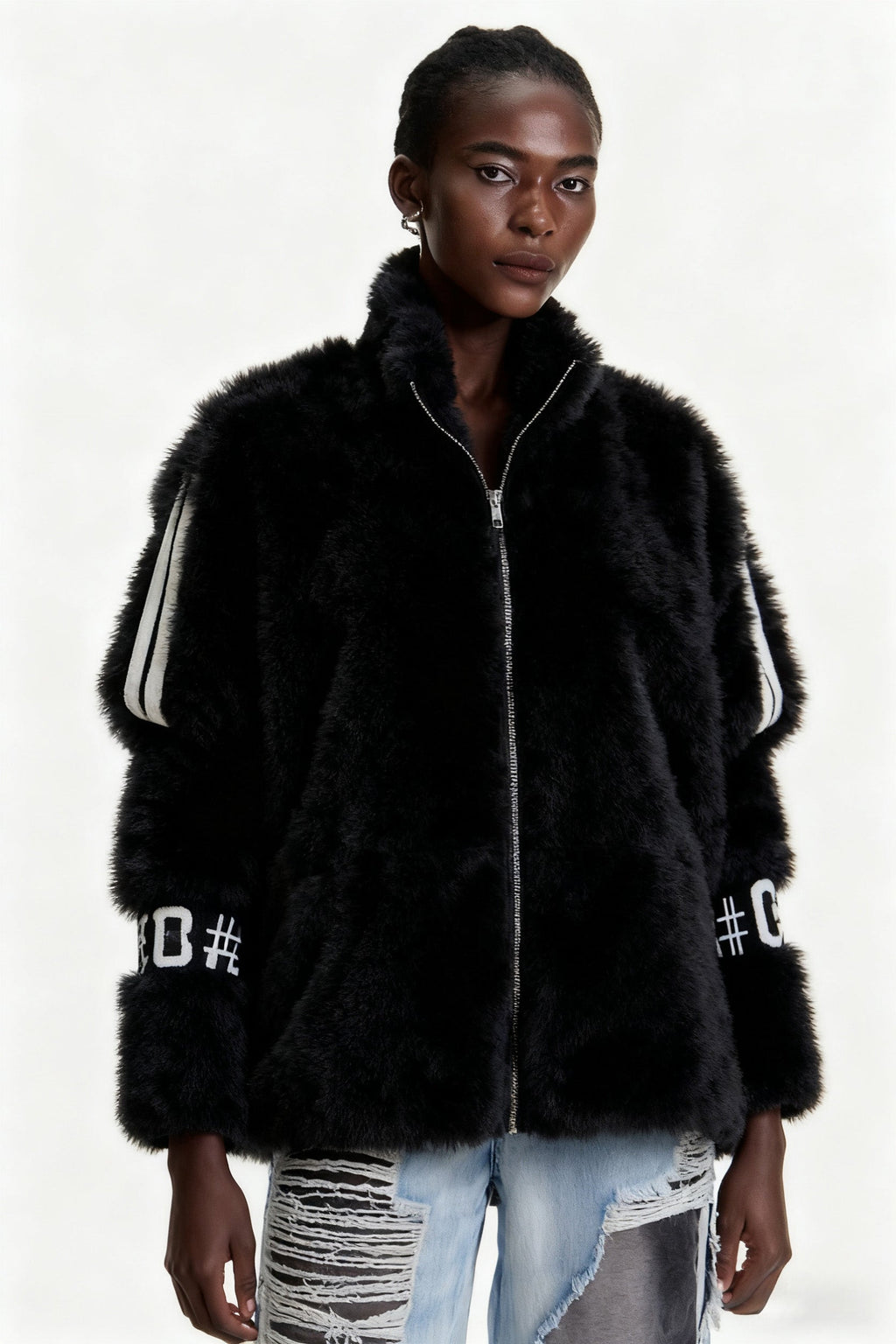 Edel Stand Collar Faux Fur Jacket In Black