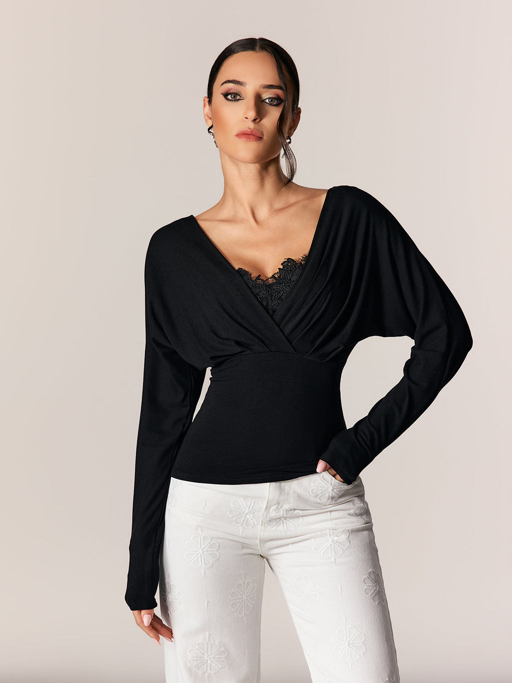 Edgaras V Neck Lace Ruch Top