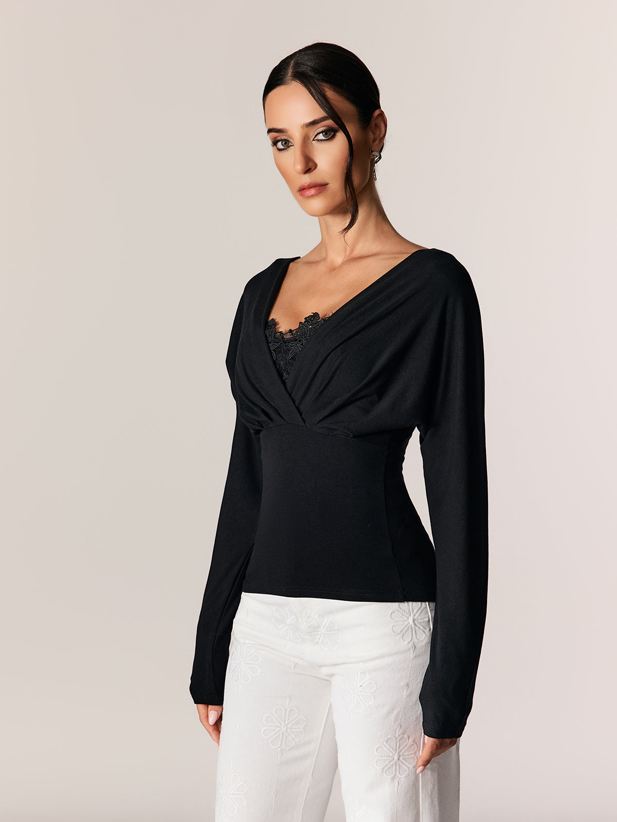 Edgaras V Neck Lace Ruch Top