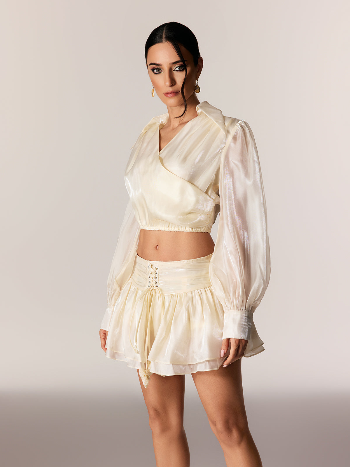 Edgardo Crop Lace Up  Ruffle Skirt Set