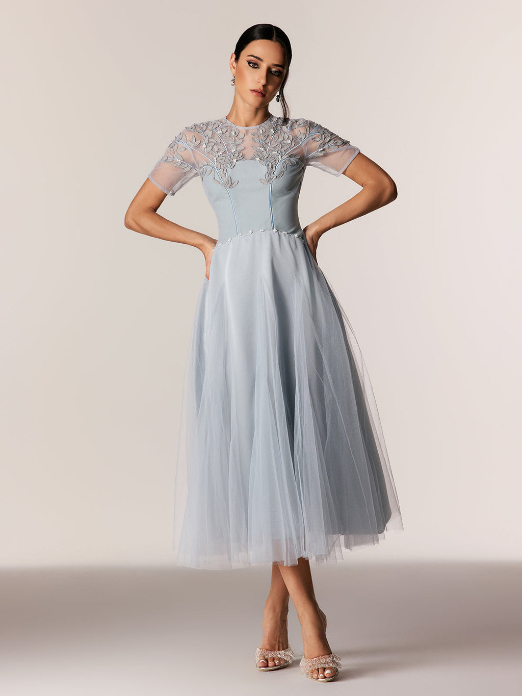 Edik Embroidered Pearl Mesh Midi Dress